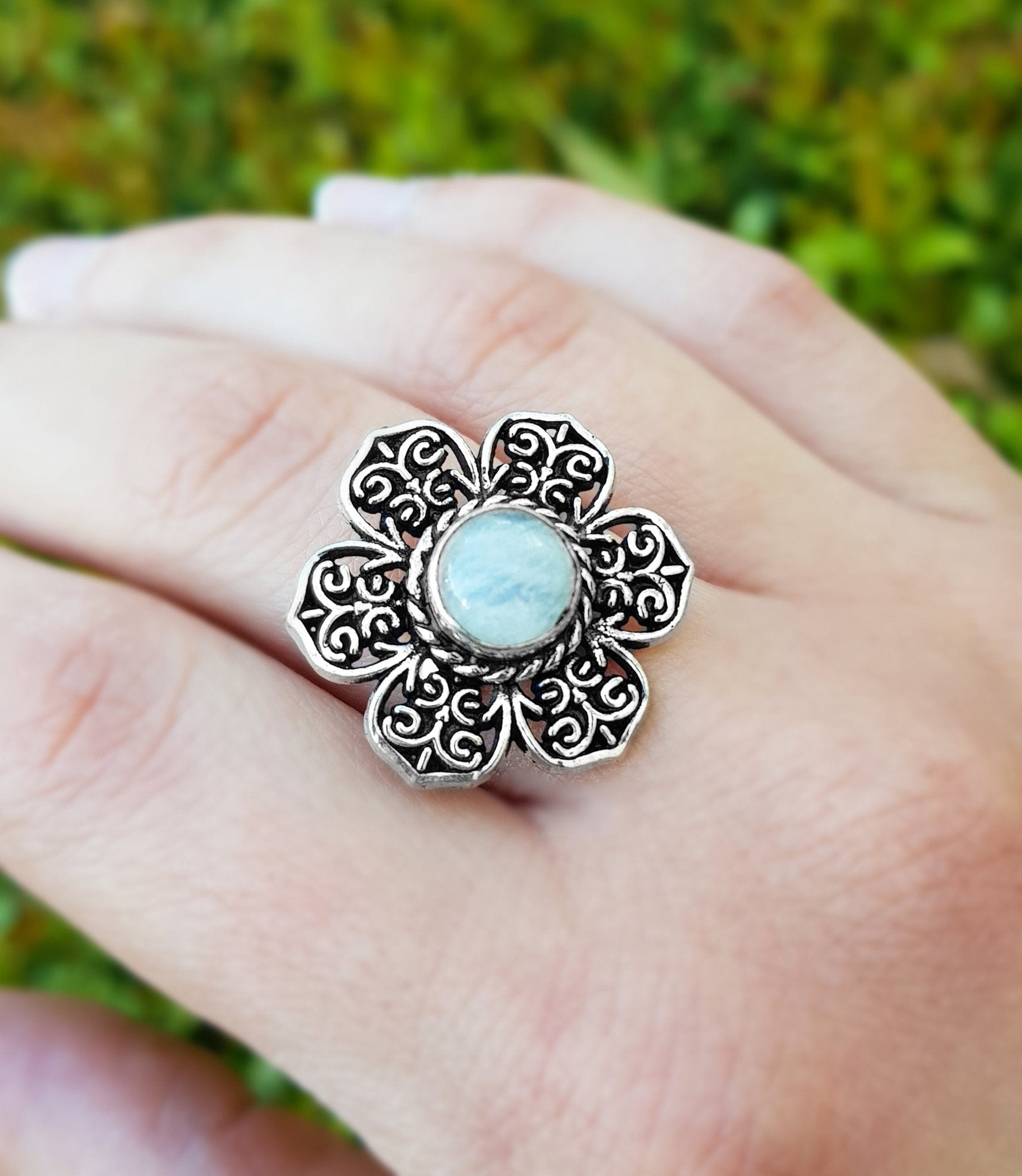 White Moonstone Flower Ring: Sterling Silver Boho Statement Ring, US Size 9 - LunarGem - Rings