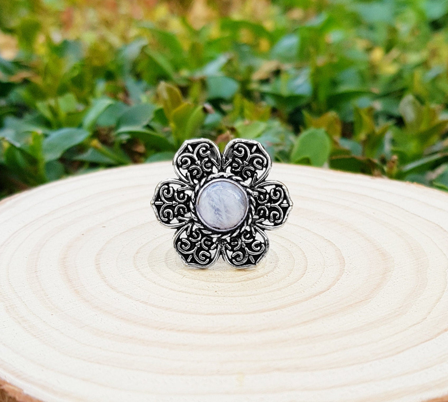White Moonstone Flower Ring: Sterling Silver Boho Statement Ring, US Size 9 - LunarGem - Rings