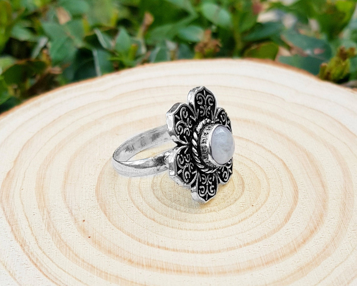 White Moonstone Flower Ring: Sterling Silver Boho Statement Ring, US Size 9 - LunarGem - Rings