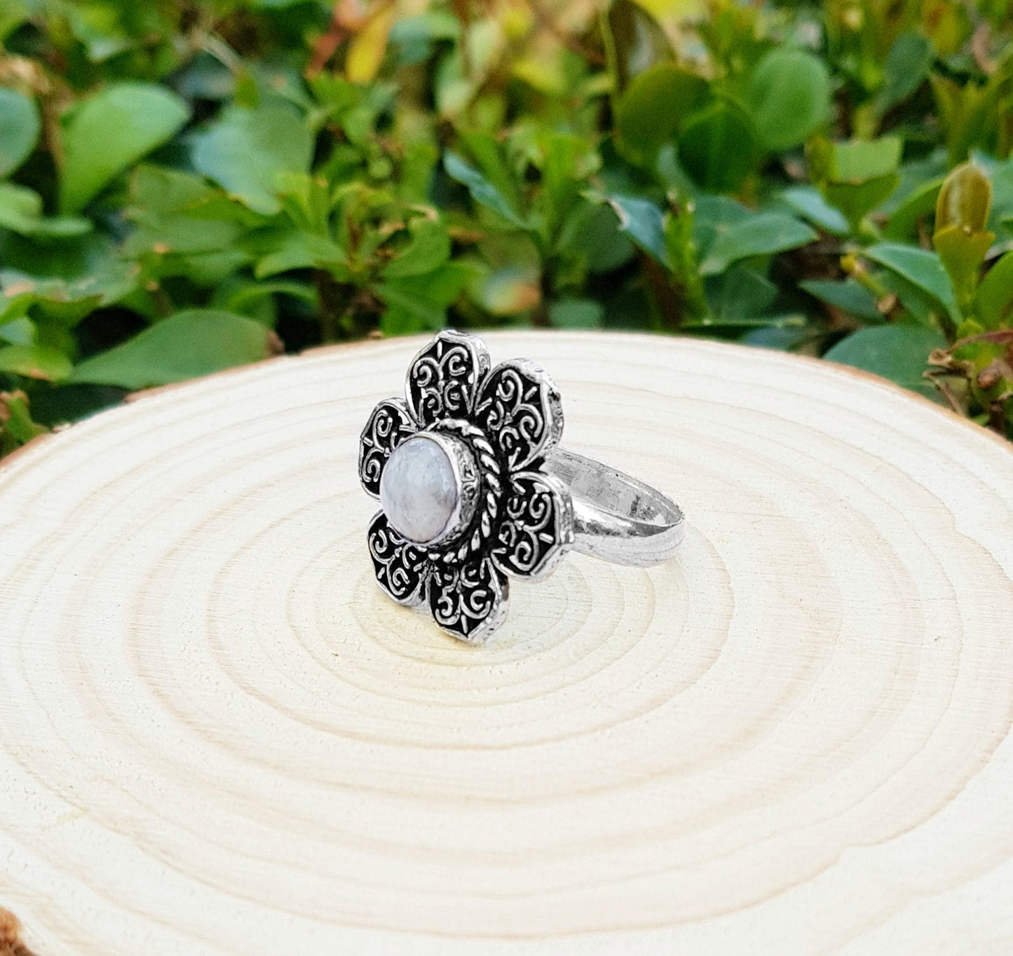 White Moonstone Flower Ring: Sterling Silver Boho Statement Ring, US Size 9 - LunarGem - Rings