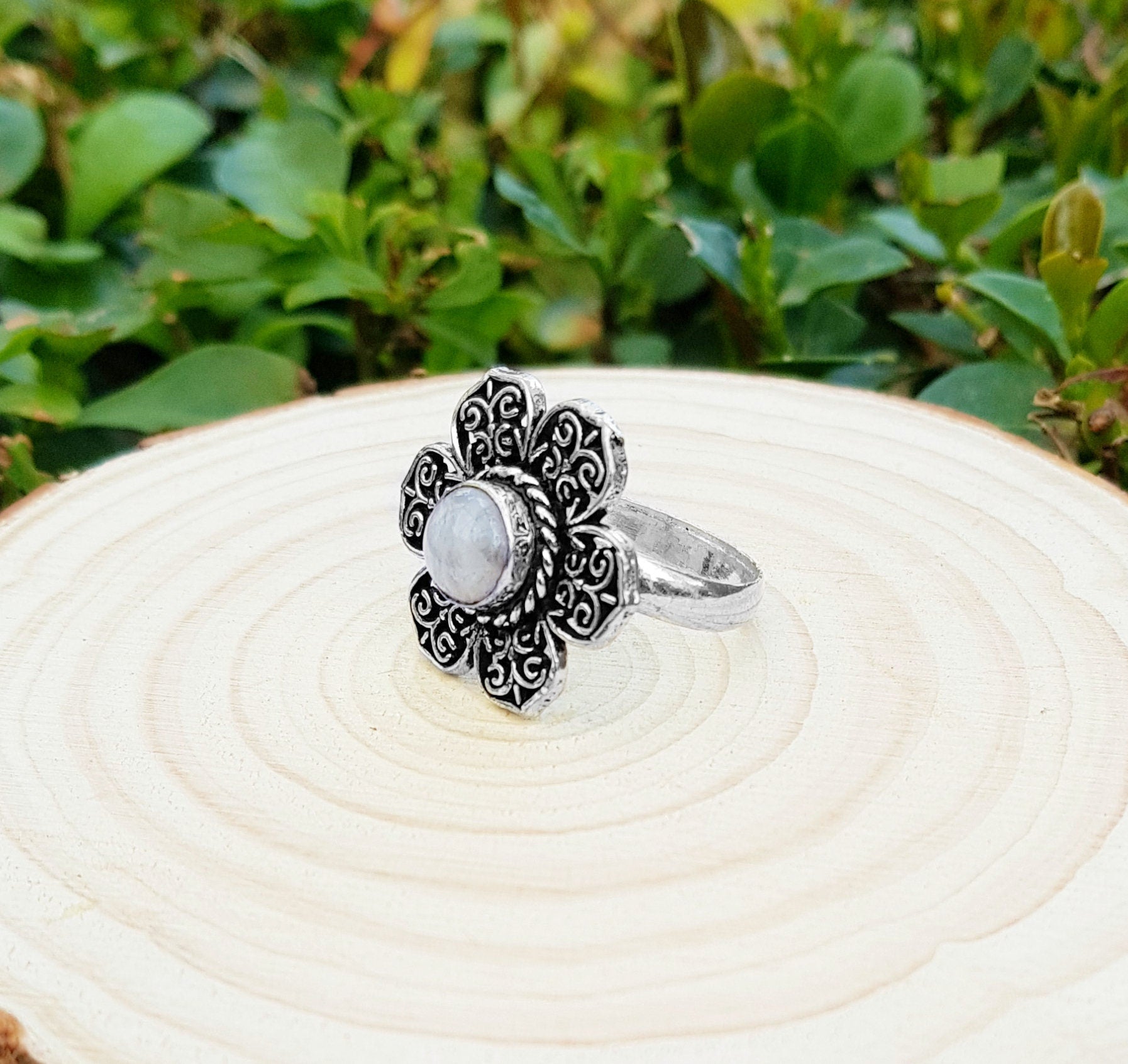 White Moonstone Flower Ring: Sterling Silver Boho Statement Ring, US Size 9 - LunarGem - Rings