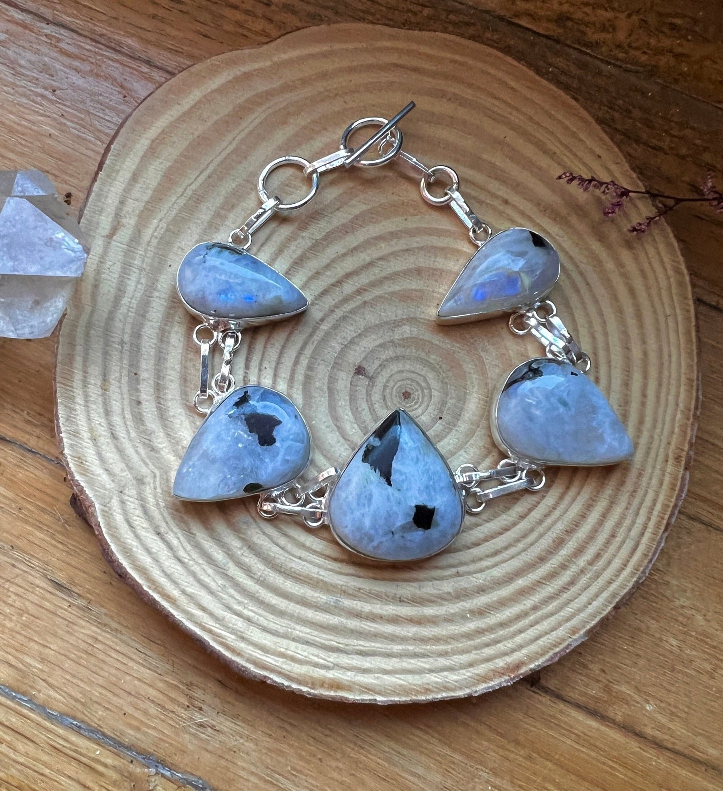 White Moonstone Sterling Silver Bracelet - Adjustable Boho Cuff - LunarGem - 