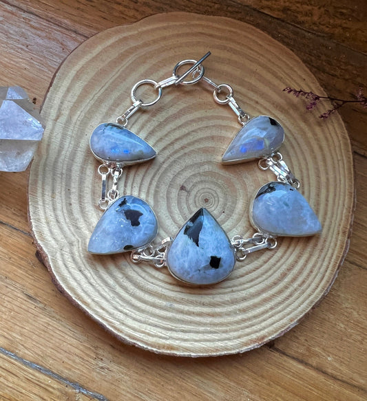 White Moonstone Sterling Silver Bracelet - Adjustable Boho Cuff - LunarGem - 