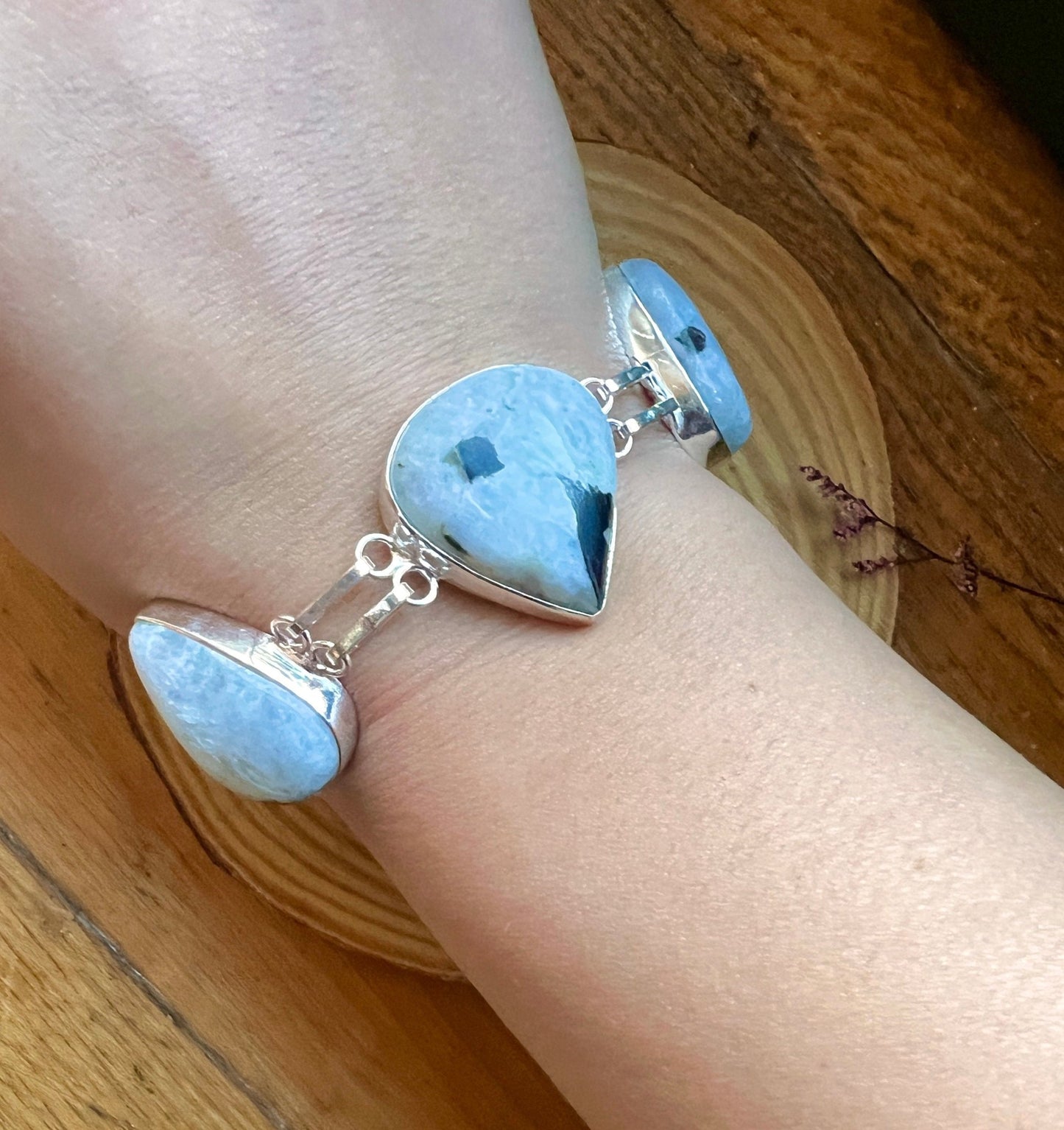 White Moonstone Sterling Silver Bracelet - Adjustable Boho Cuff - LunarGem - 