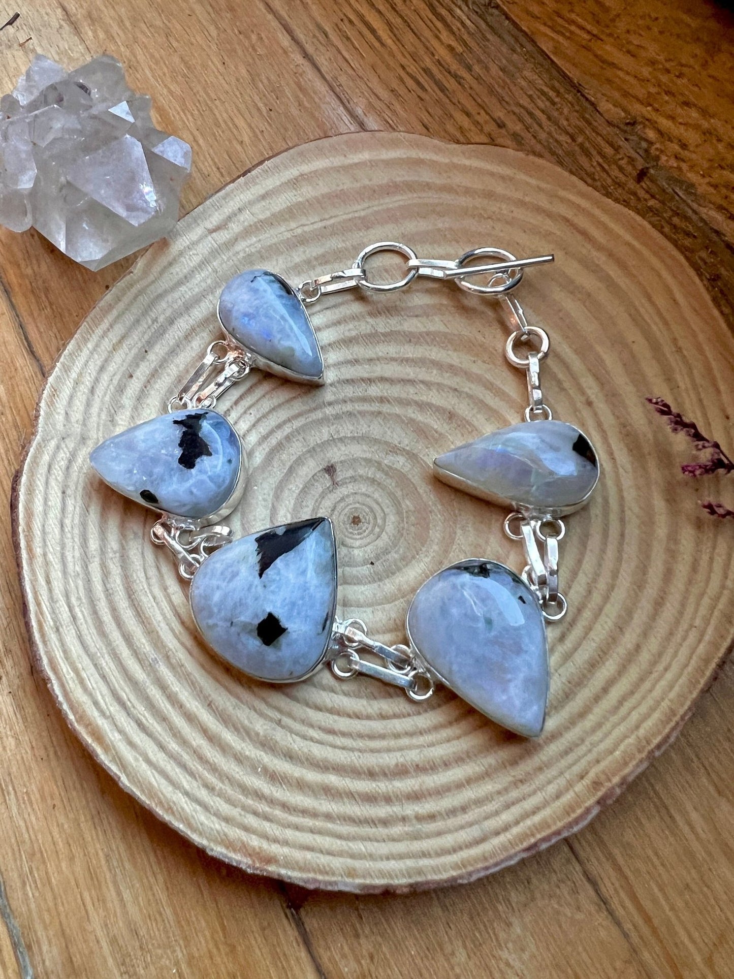 White Moonstone Sterling Silver Bracelet - Adjustable Boho Cuff - LunarGem - 