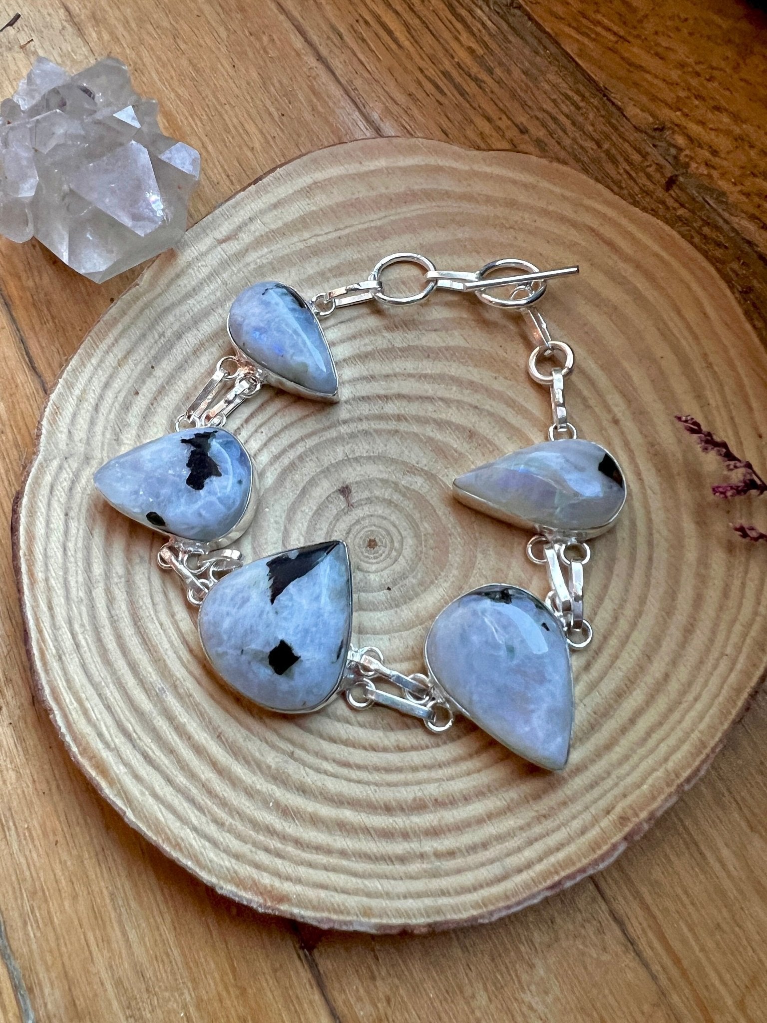 White Moonstone Sterling Silver Bracelet - Adjustable Boho Cuff - LunarGem - 