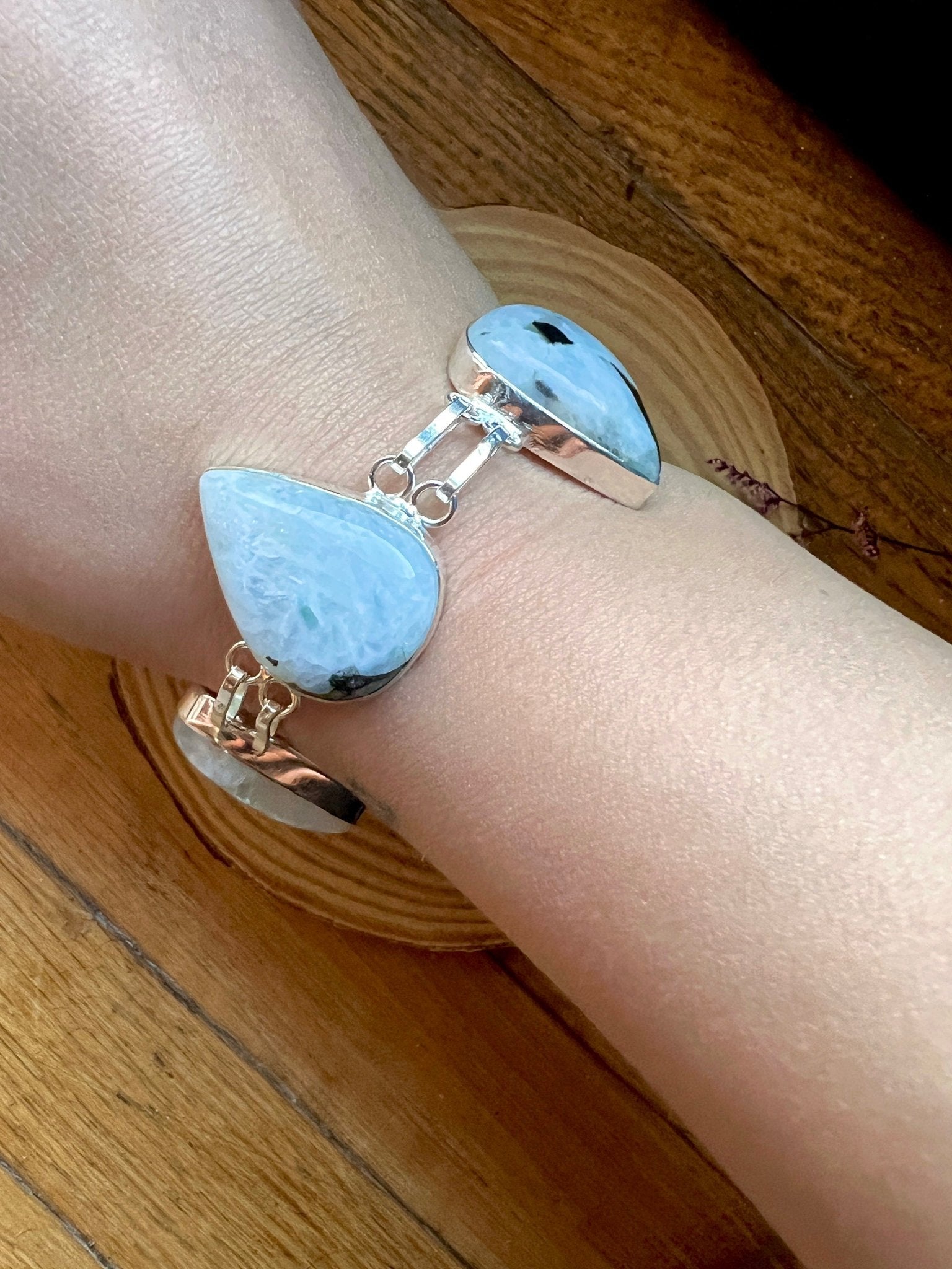 White Moonstone Sterling Silver Bracelet - Adjustable Boho Cuff - LunarGem - 