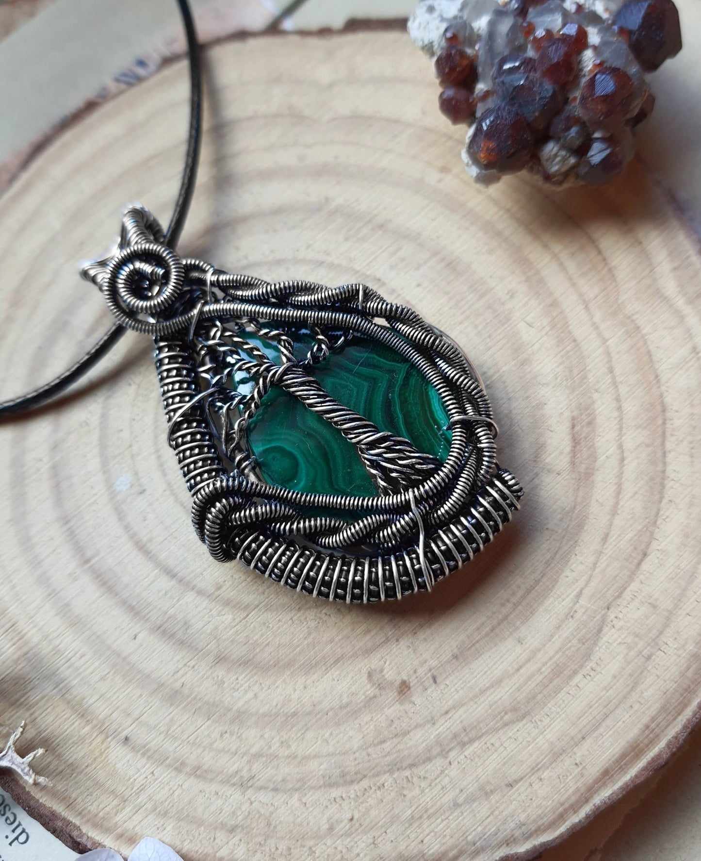 Wire Wrapped Malachite Pendant: Sterling Silver, Boho Necklace - LunarGem - 