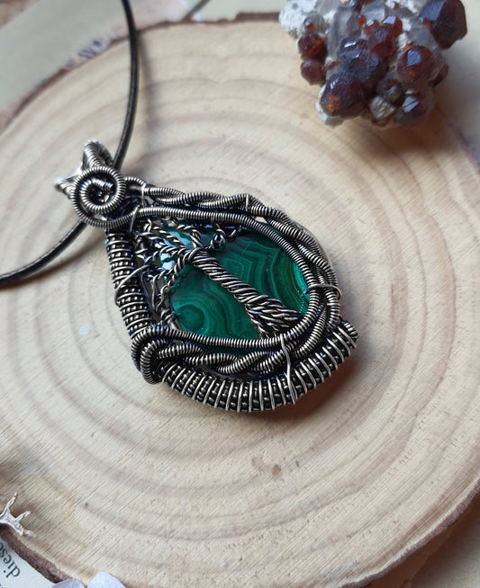 Wire Wrapped Malachite Pendant: Sterling Silver, Boho Necklace - LunarGem - 