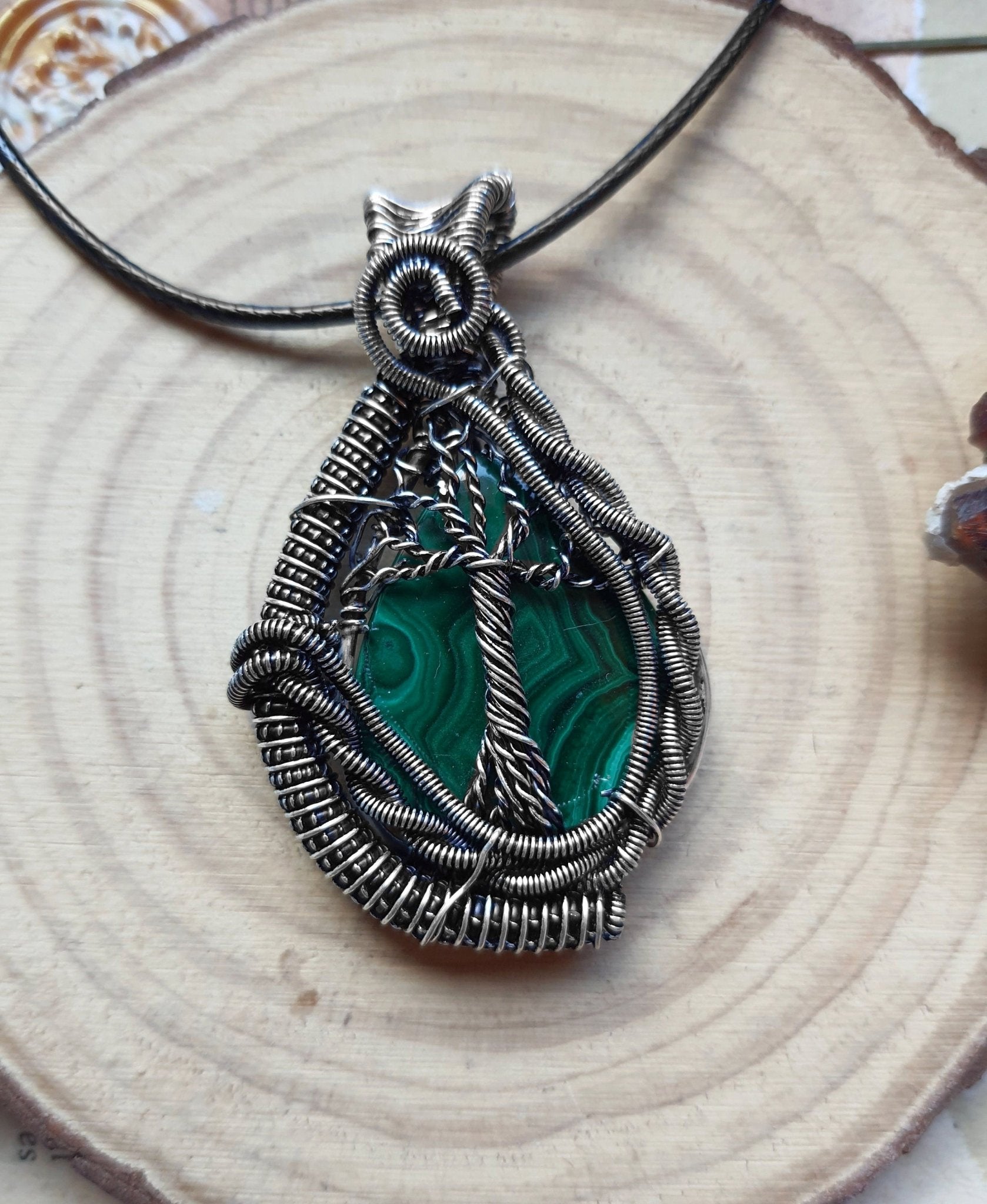Wire Wrapped Malachite Pendant: Sterling Silver, Boho Necklace - LunarGem - 