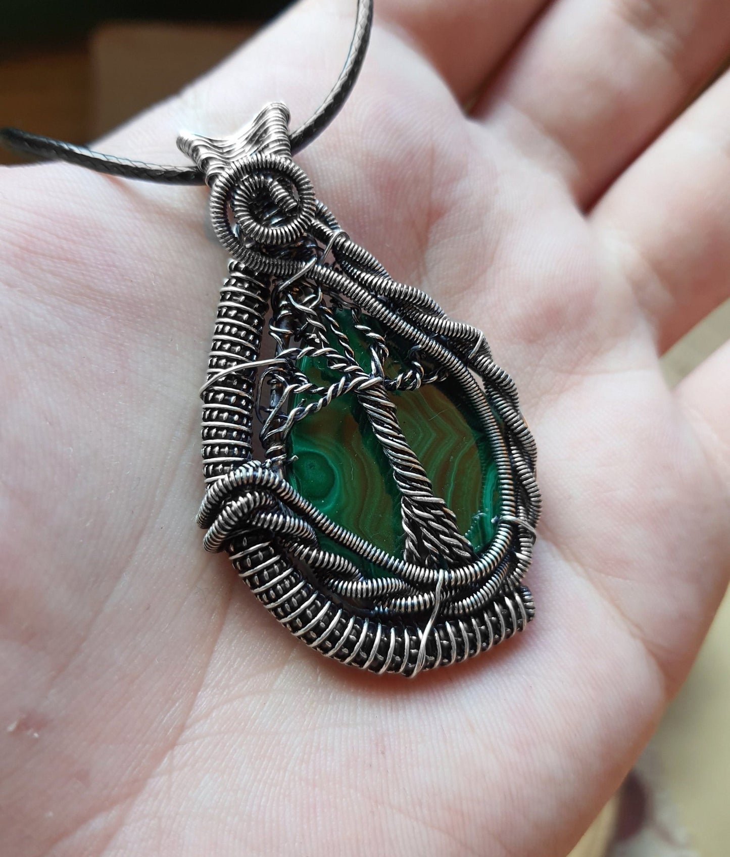 Wire Wrapped Malachite Pendant: Sterling Silver, Boho Necklace - LunarGem - 