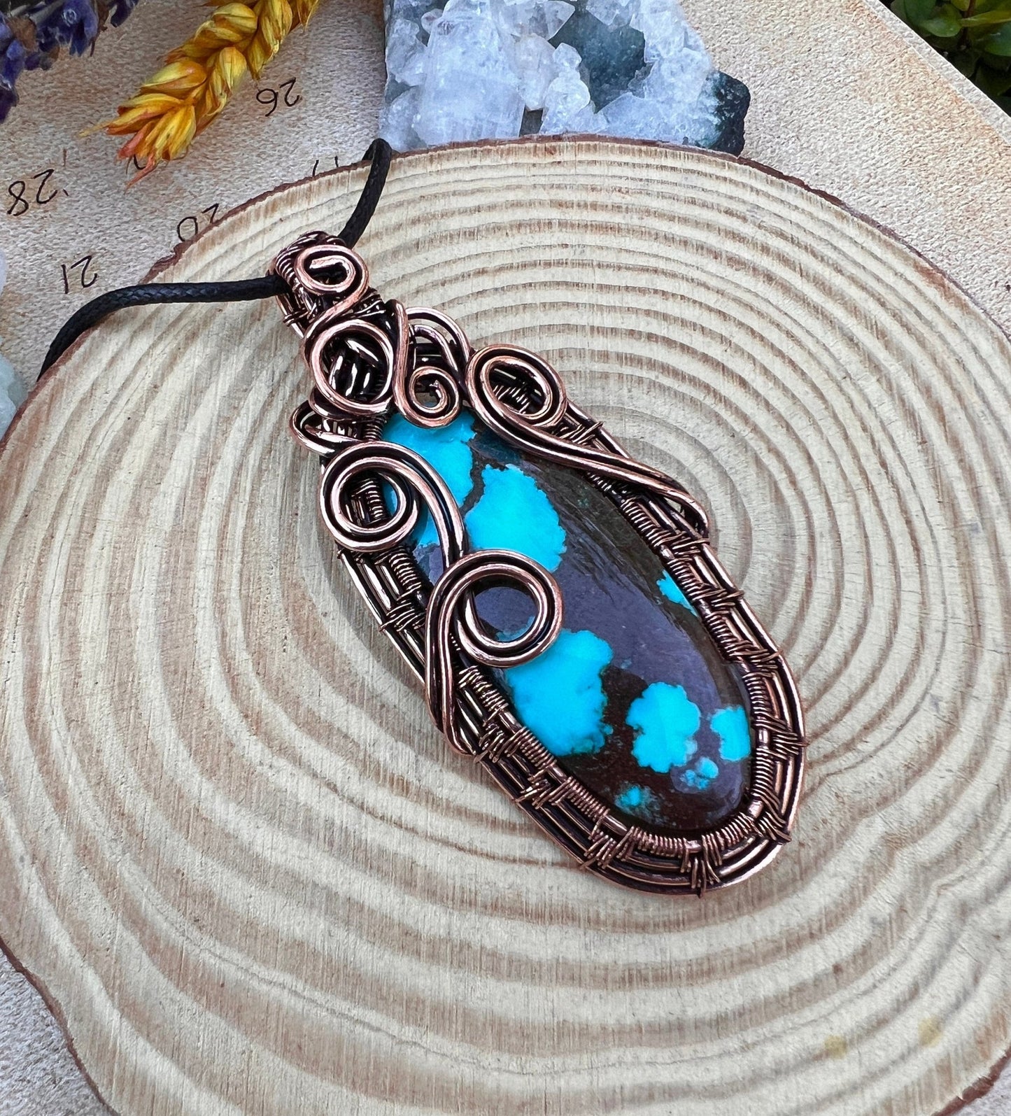Wire Wrapped Turquoise Pendant, Copper Celestial Moon Jewelry - LunarGem - 