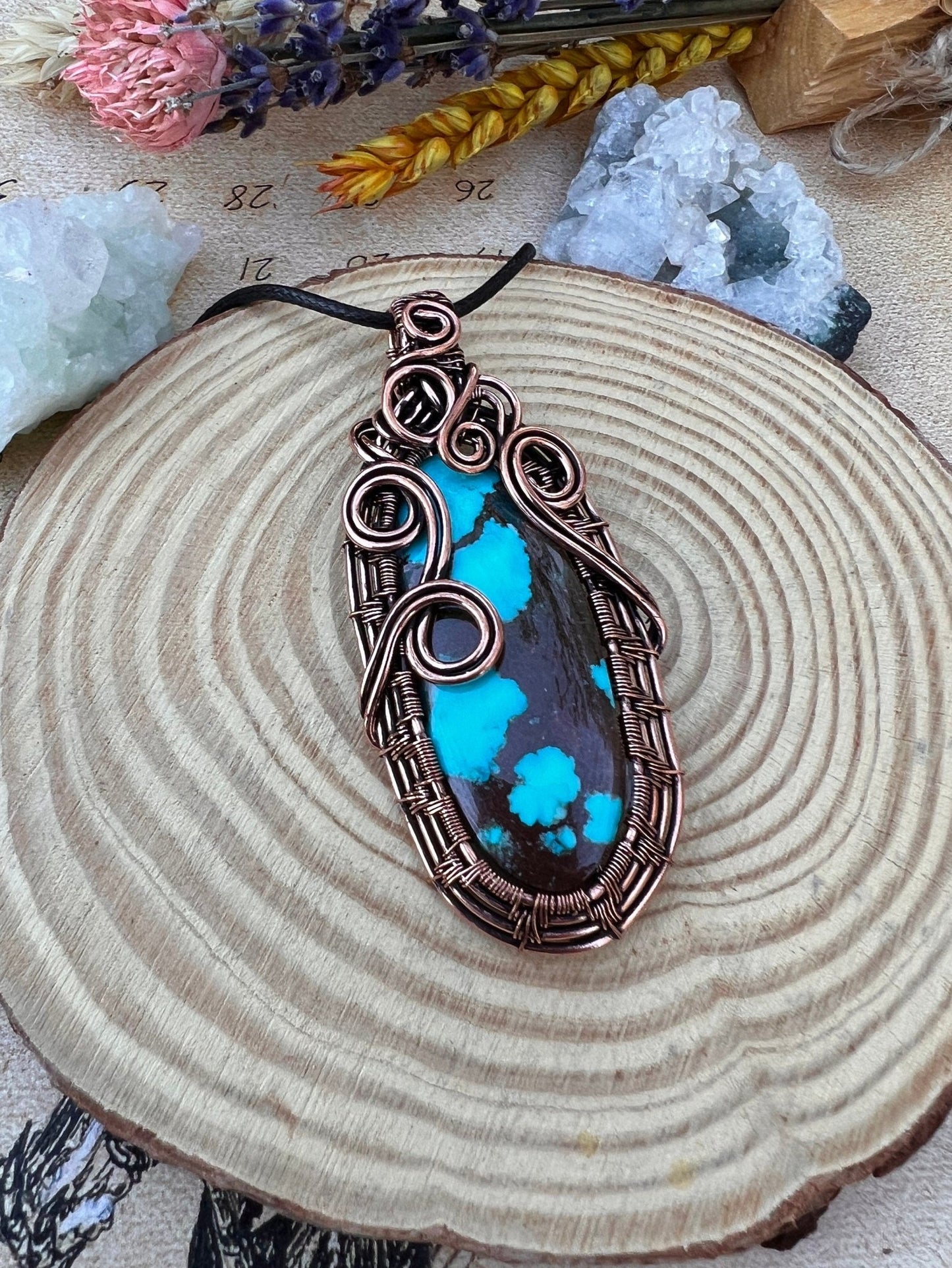 Wire Wrapped Turquoise Pendant, Copper Celestial Moon Jewelry - LunarGem - 