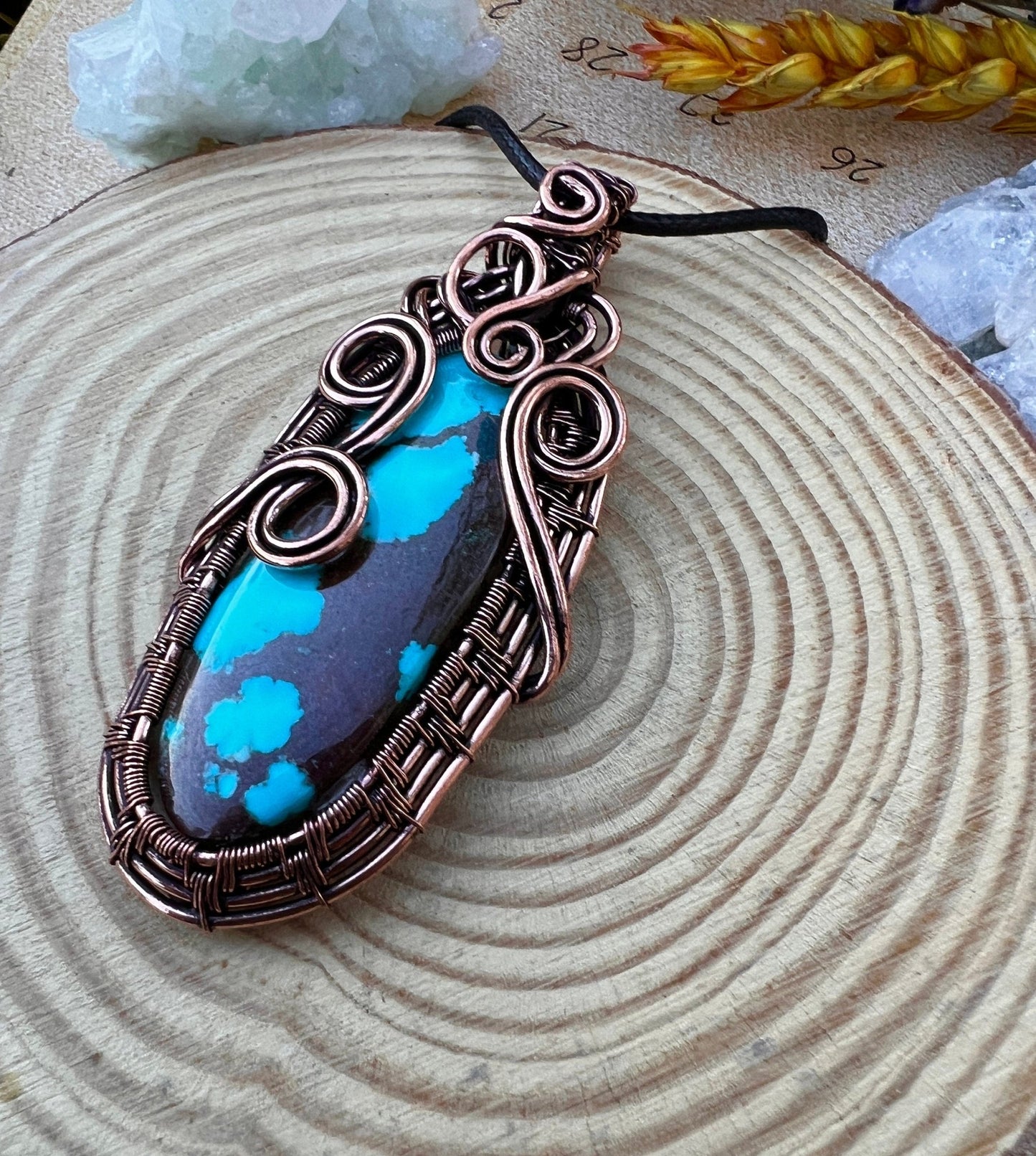 Wire Wrapped Turquoise Pendant, Copper Celestial Moon Jewelry - LunarGem - 