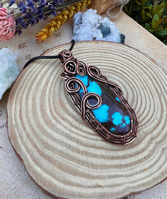 Wire Wrapped Turquoise Pendant, Copper Celestial Moon Jewelry - LunarGem - 