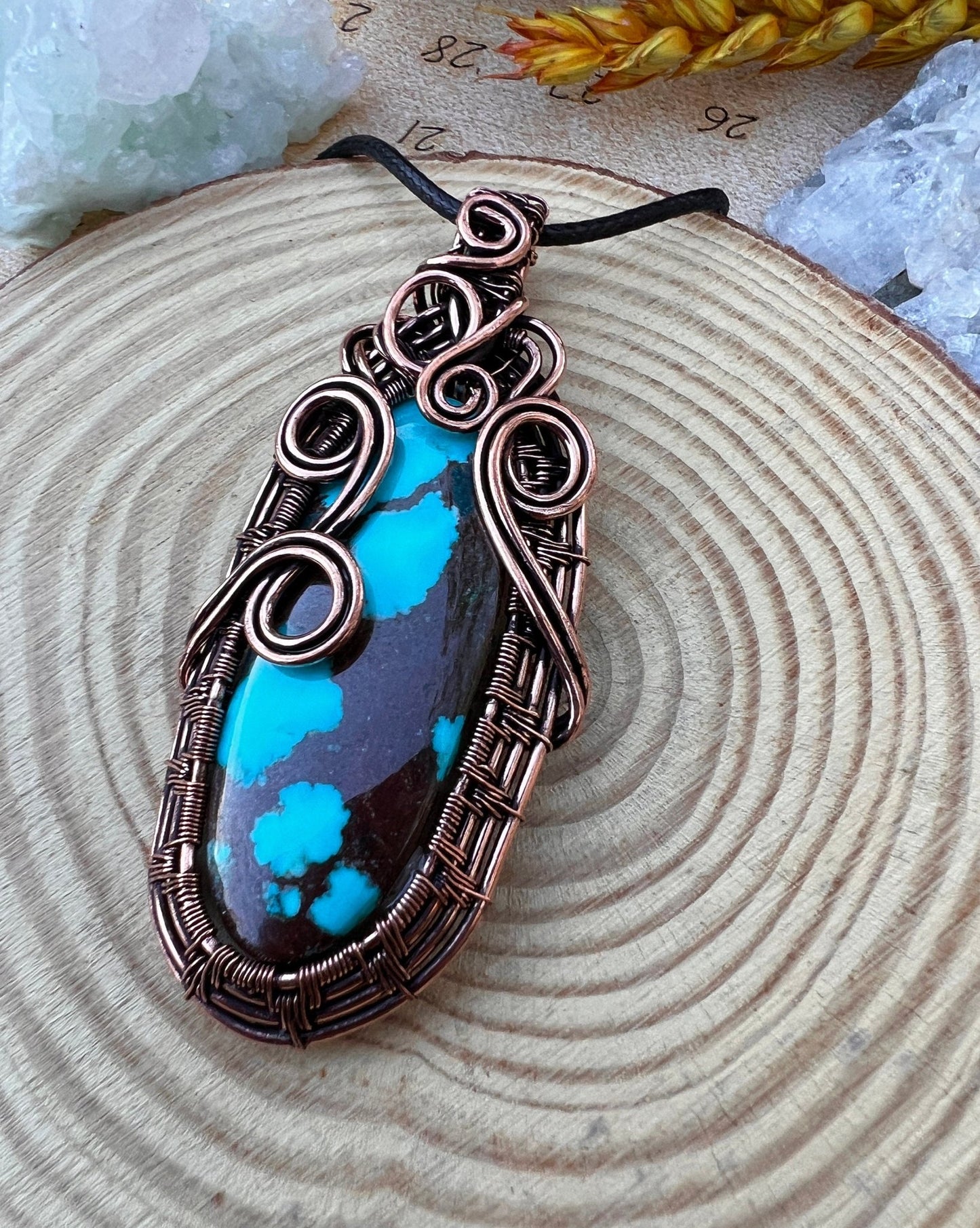Wire Wrapped Turquoise Pendant, Copper Celestial Moon Jewelry - LunarGem - 