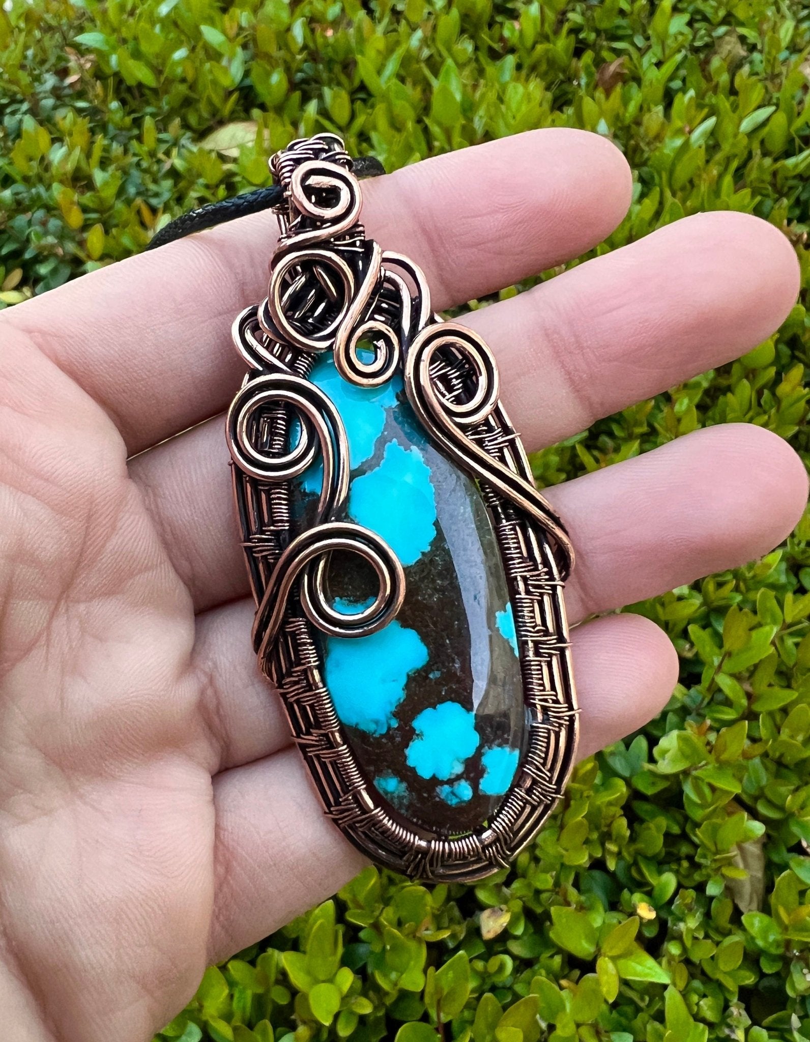 Wire Wrapped Turquoise Pendant, Copper Celestial Moon Jewelry - LunarGem - 