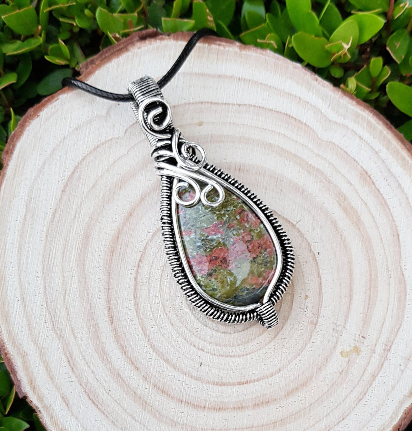 Wire Wrapped Unakite Jasper Sterling Silver Pendant Necklace: Handmade Boho Jewelry - LunarGem - Necklaces