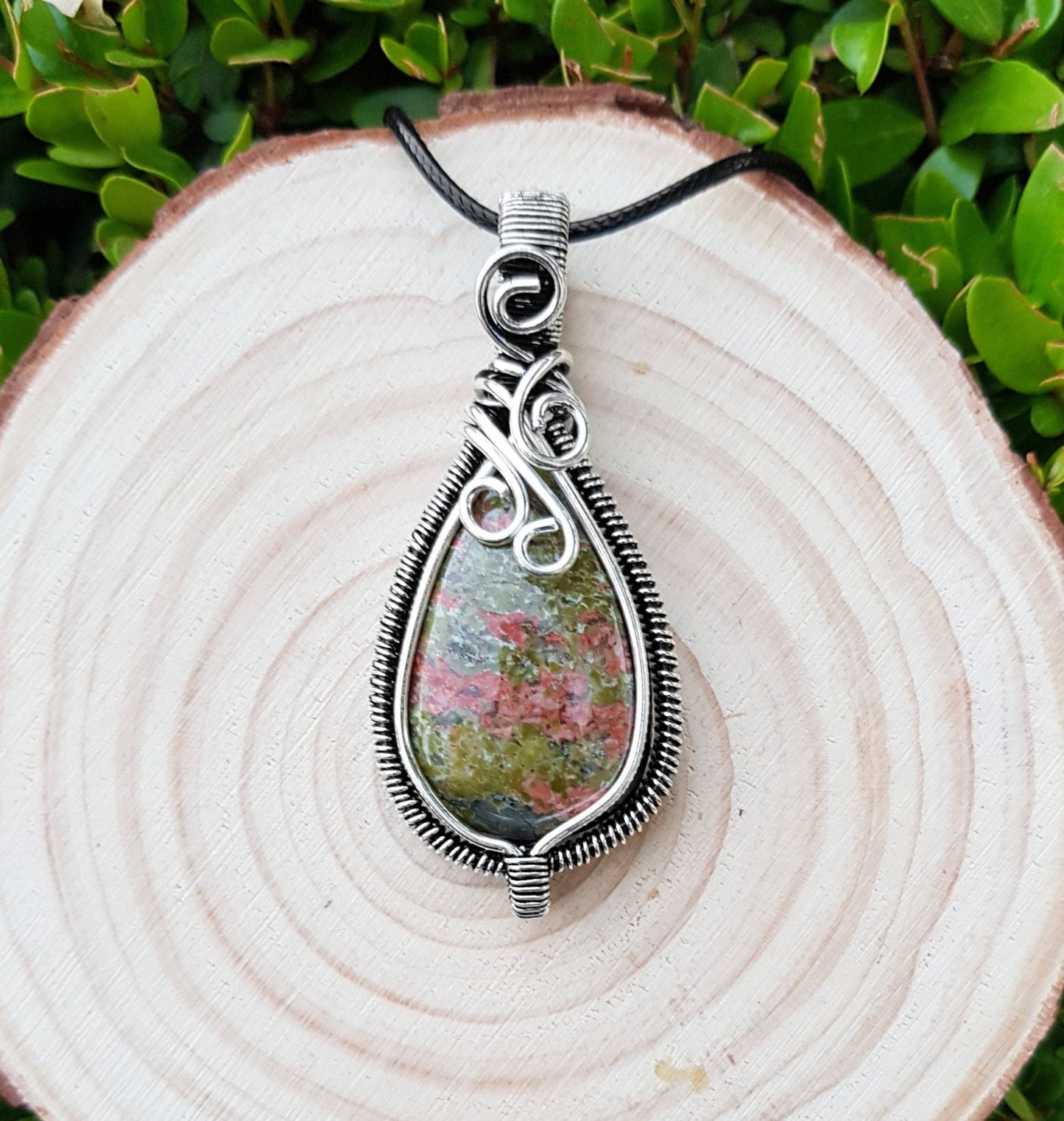 Wire Wrapped Unakite Jasper Sterling Silver Pendant Necklace: Handmade Boho Jewelry - LunarGem - Necklaces