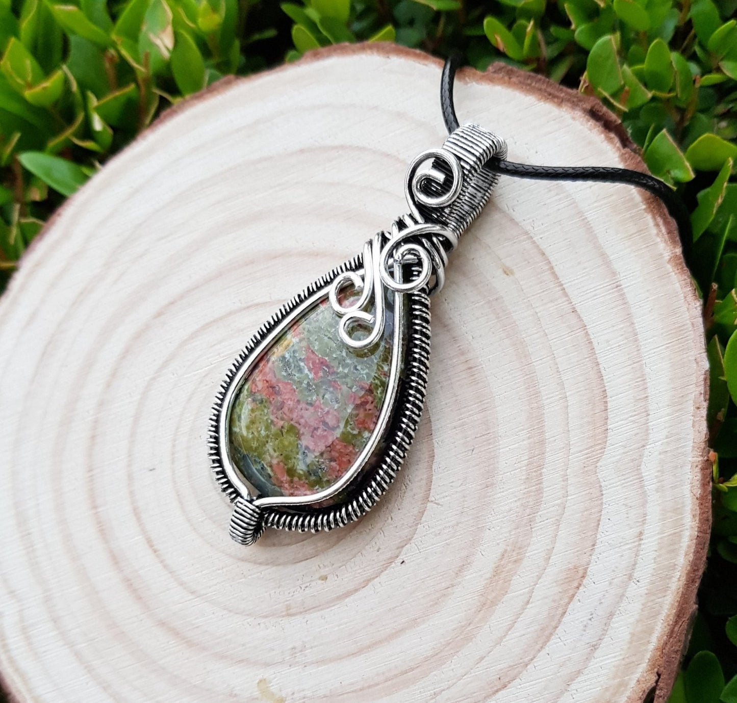 Wire Wrapped Unakite Jasper Sterling Silver Pendant Necklace: Handmade Boho Jewelry - LunarGem - Necklaces