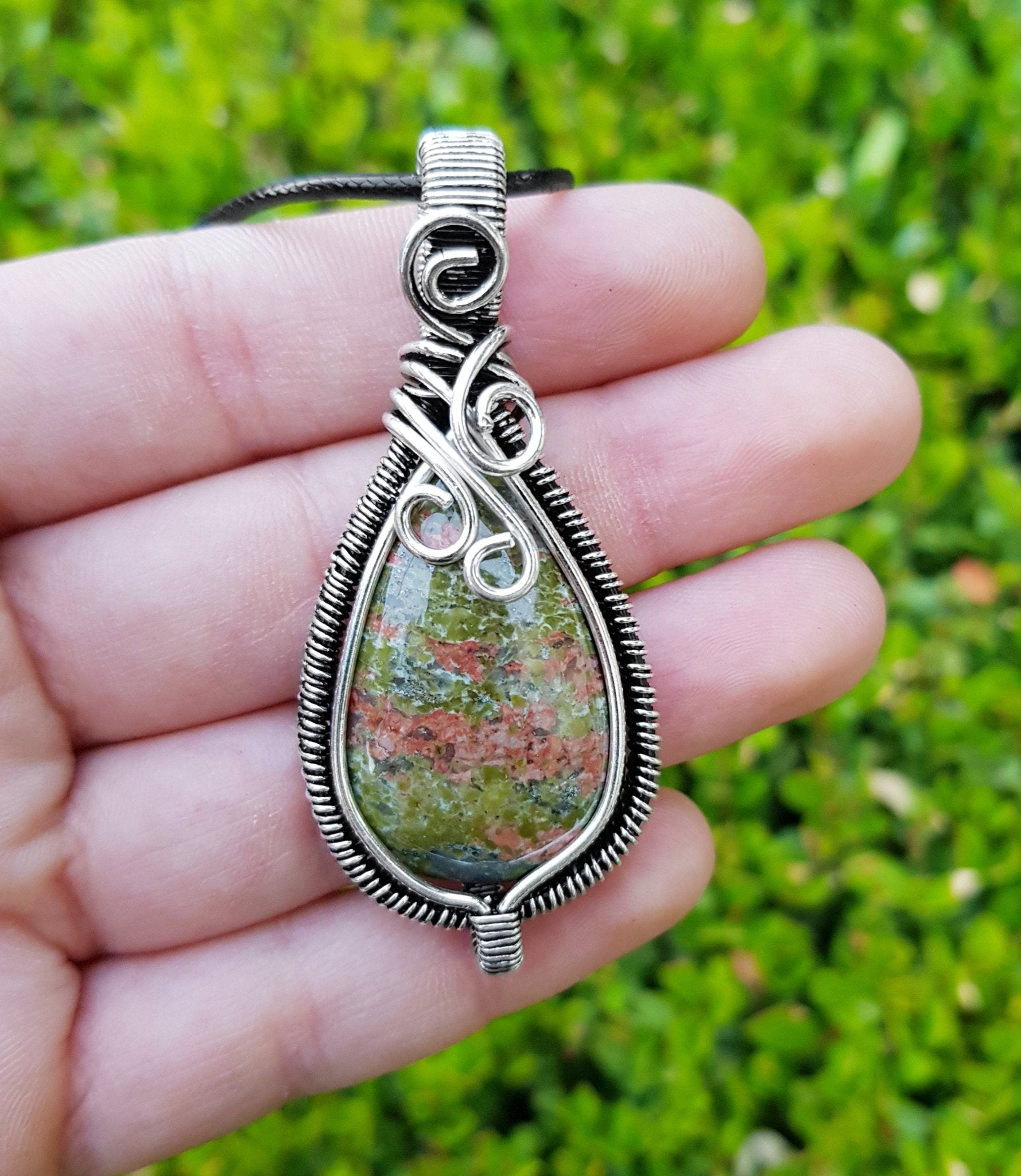 Wire Wrapped Unakite Jasper Sterling Silver Pendant Necklace: Handmade Boho Jewelry - LunarGem - Necklaces