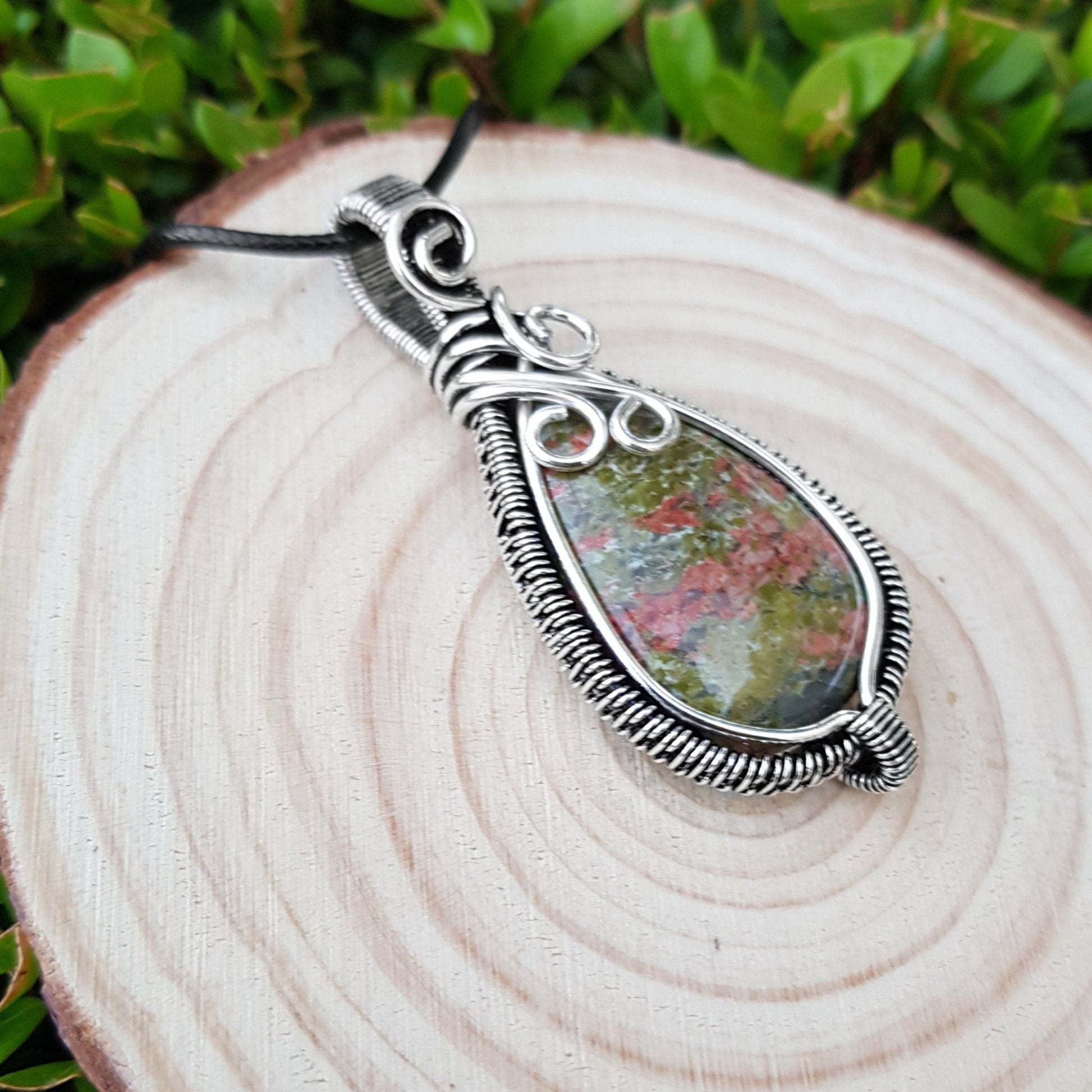 Wire Wrapped Unakite Jasper Sterling Silver Pendant Necklace: Handmade Boho Jewelry - LunarGem - Necklaces