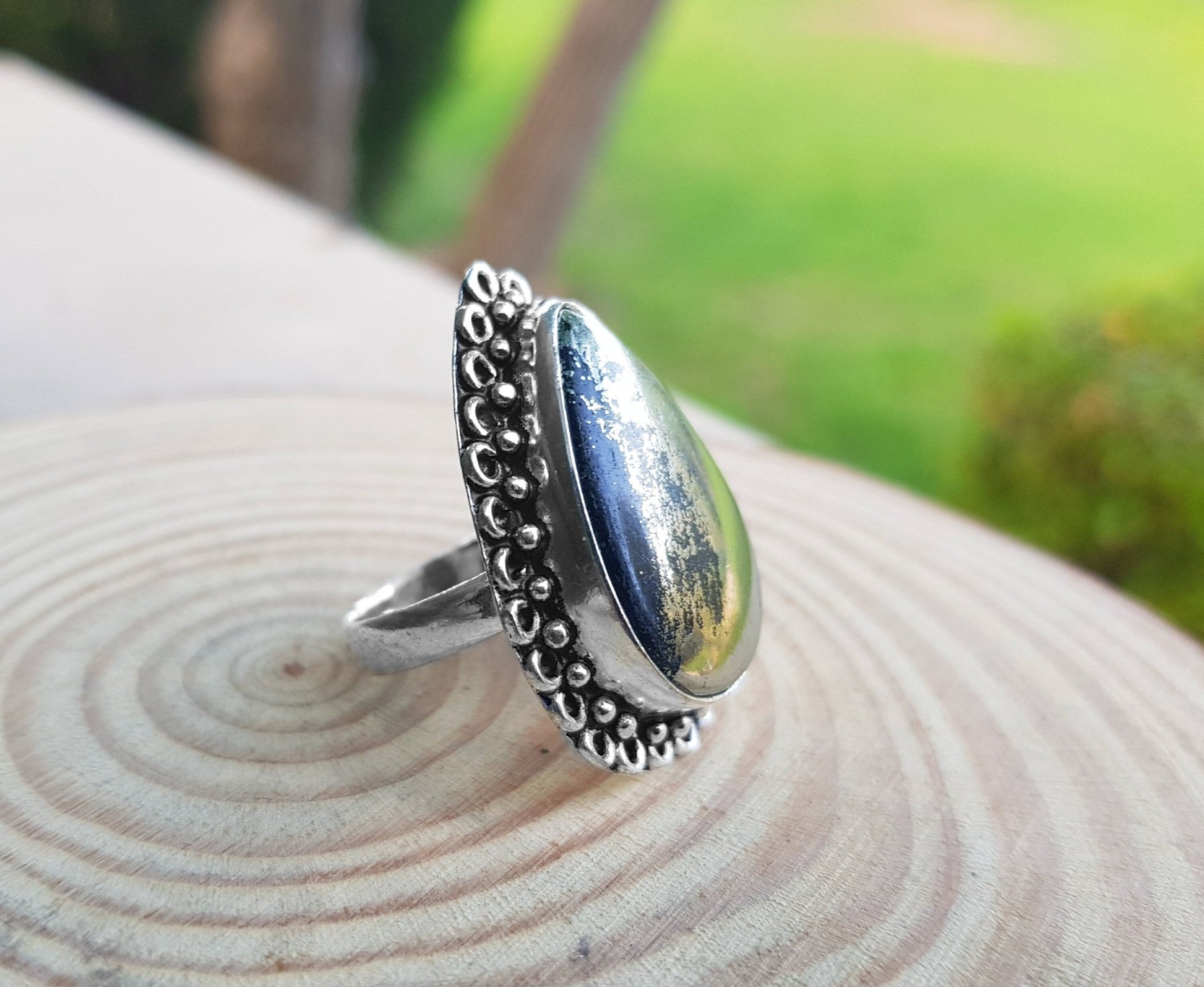 Apache Gold Pyrite Statement Ring Size US 7 3/4 Sterling Silver Gemstone Ring Boho Rings GypsyJewellery One Of A Kind Gift - LunarGem - 