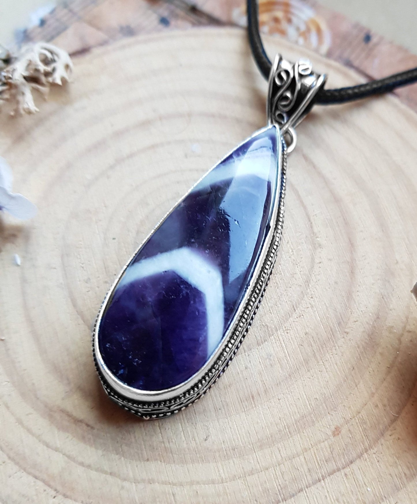 Big Amethyst Statement Pendant Sterling Silver Crystal Necklace Boho Necklace Teardrop Pendant GypsyJewelry Unique Gift - LunarGem - 