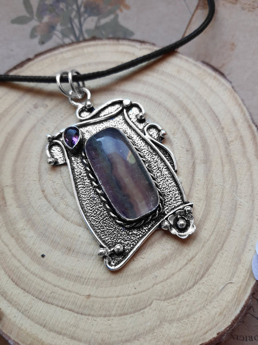 Big Fluorite Pendant In Sterling Silver Statement Necklace One Of A Kind Necklace - LunarGem - 
