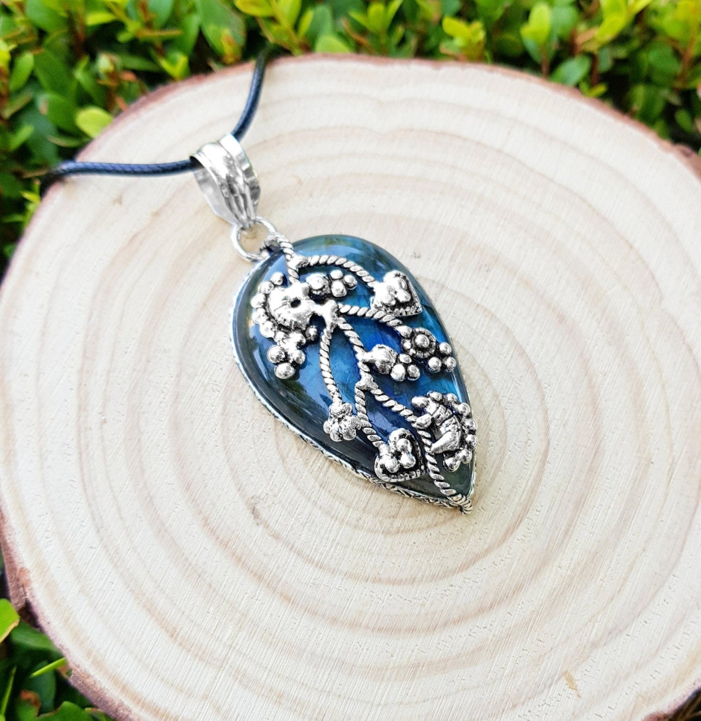 Blue Labradorite Statement Pendant In Sterling Silver Gemstone Necklace Boho Pendant Unique Gift Unisex Gift - LunarGem - Jewelry