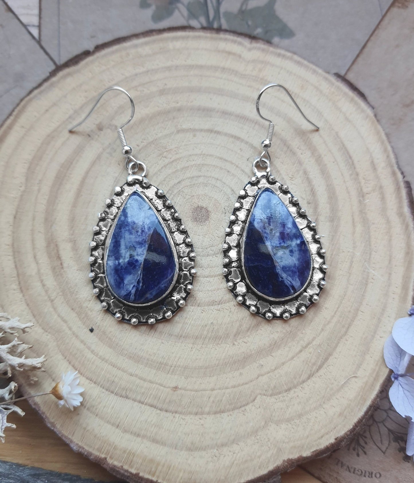 Blue Sodalite Earrings In Sterling Silver Dangle Earrings - LunarGem - 