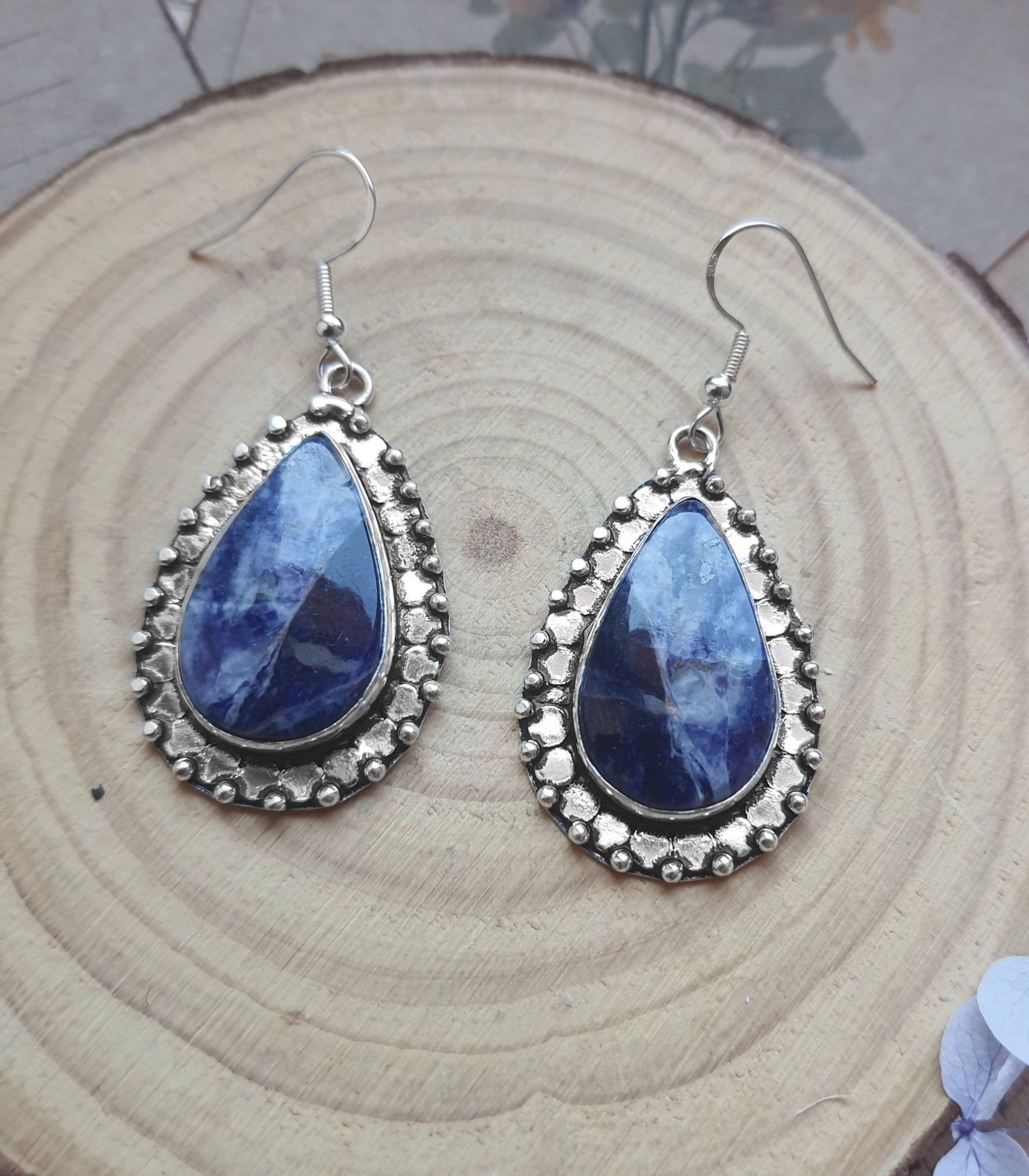 Blue Sodalite Earrings In Sterling Silver Dangle Earrings - LunarGem - 