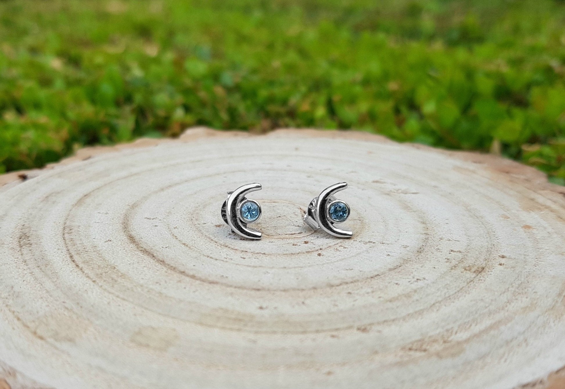 Blue Topaz Stud Earrings December Birthstone Earrings Crescent Moon Studs - LunarGem - Earrings