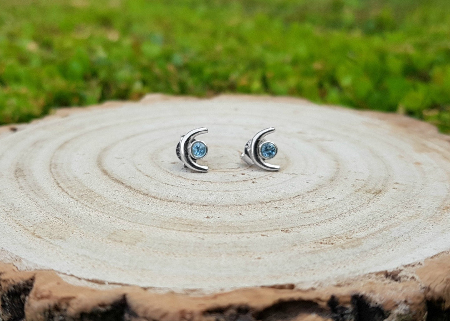 Blue Topaz Stud Earrings December Birthstone Earrings Crescent Moon Studs - LunarGem - Earrings