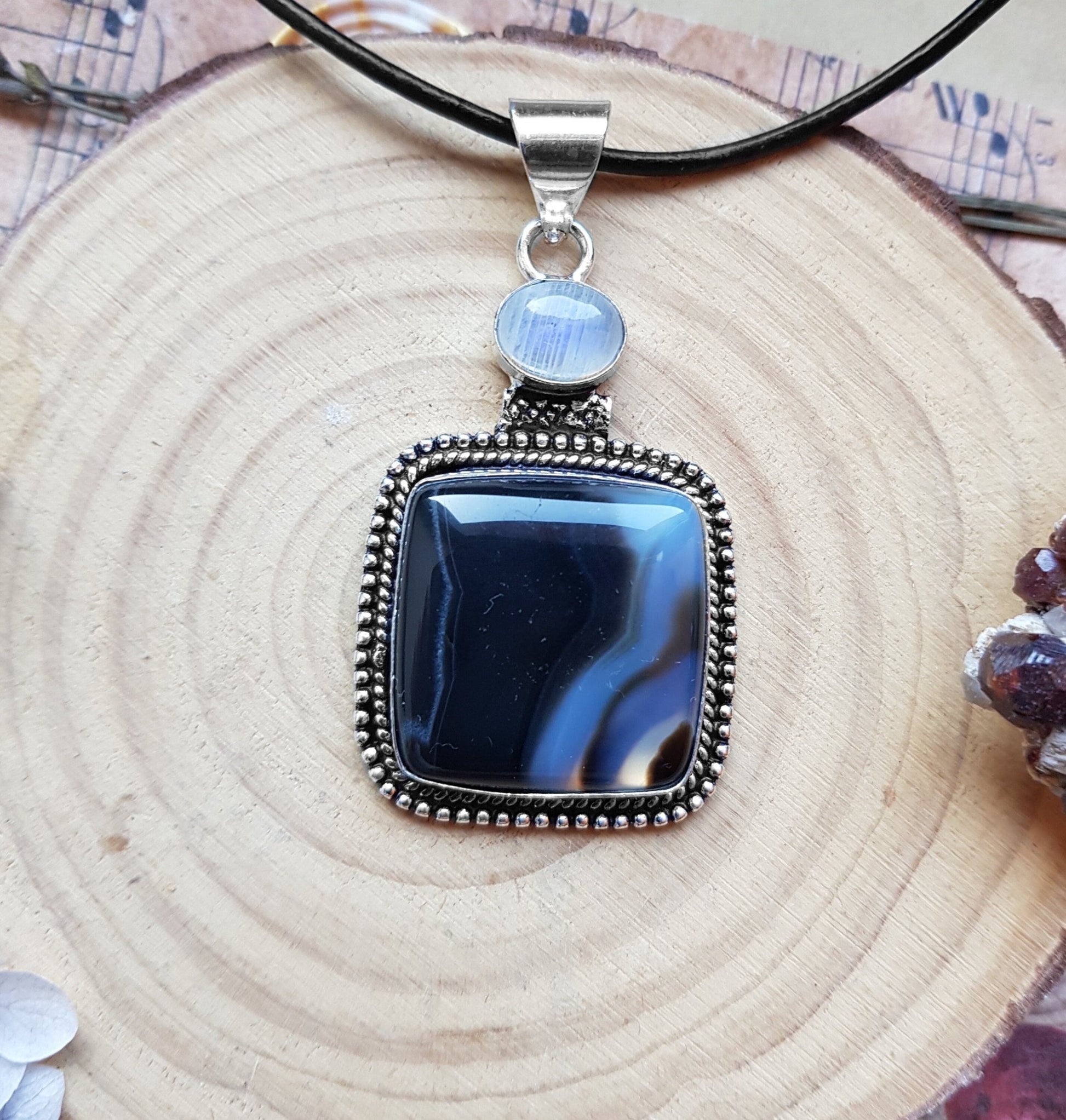 Botswana Agate And Amethyst Pendant In Sterling Silver Boho Crystal Necklace - LunarGem - 