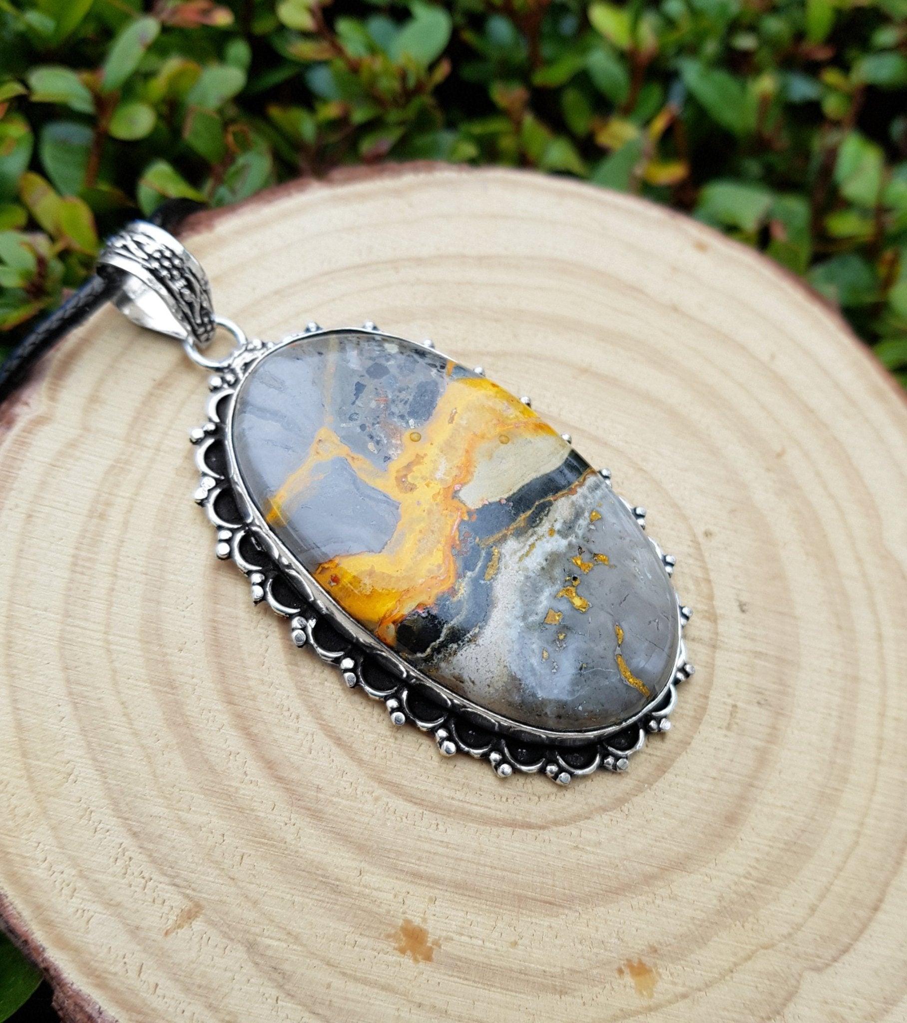 Bumble Bee Jasper Necklace Statement Pendant Sterling Silver Gemstone Necklace Unique Gift One Of A Kind Jewlery - LunarGem - Necklaces