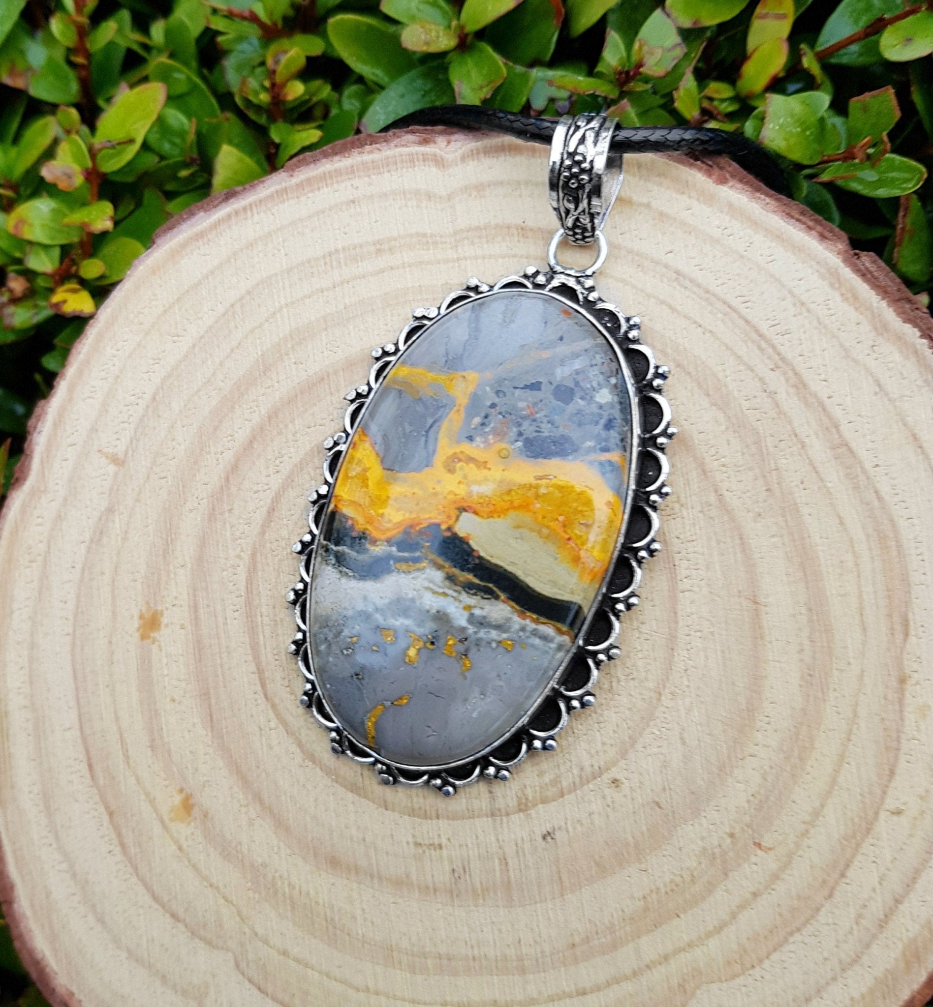 Bumble Bee Jasper Necklace Statement Pendant Sterling Silver Gemstone Necklace Unique Gift One Of A Kind Jewlery - LunarGem - Necklaces