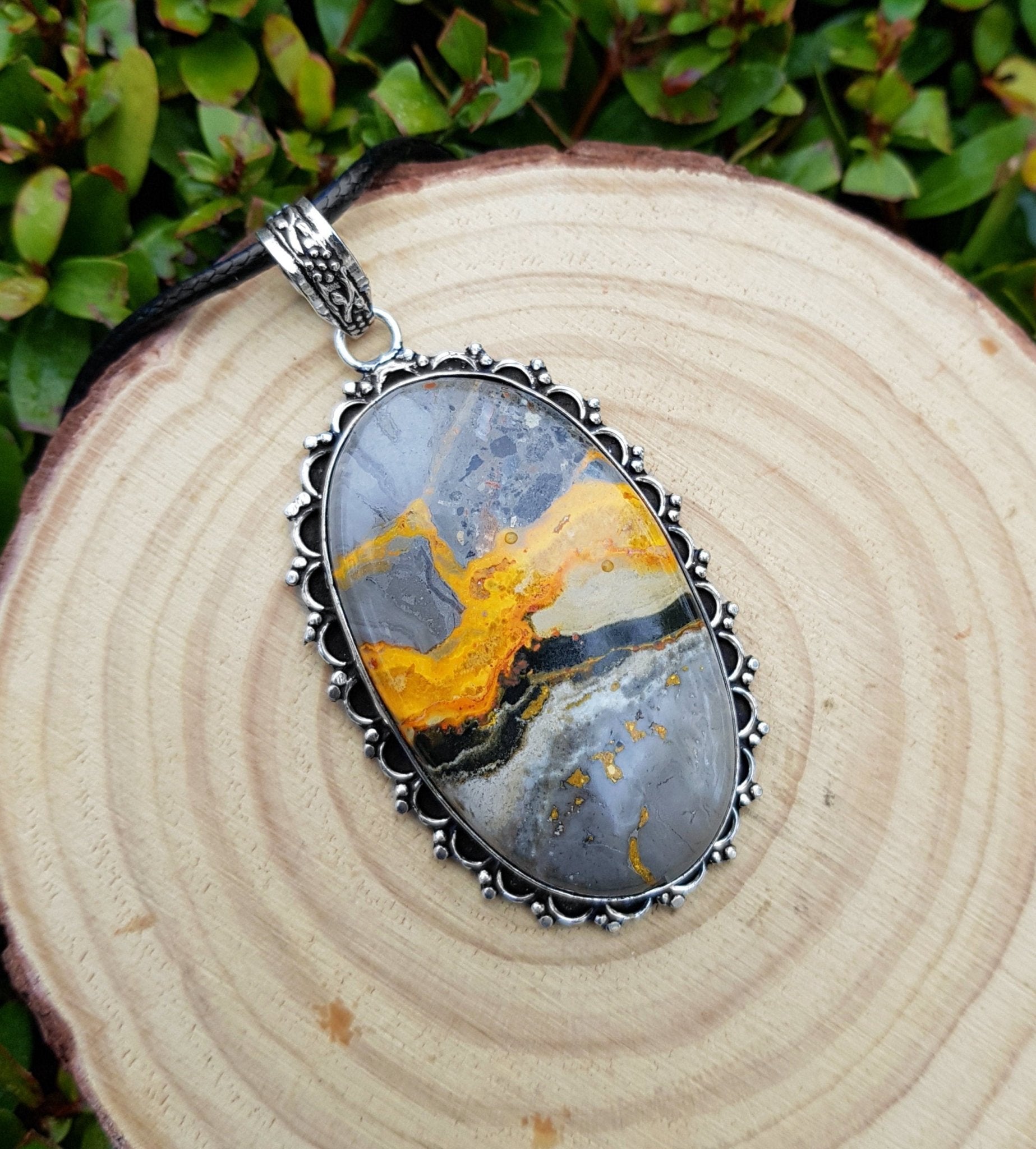 Bumble Bee Jasper Necklace Statement Pendant Sterling Silver Gemstone Necklace Unique Gift One Of A Kind Jewlery - LunarGem - Necklaces