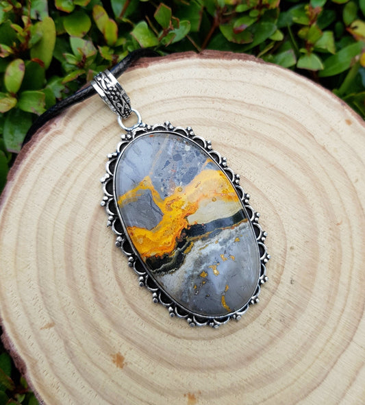 Bumble Bee Jasper Necklace Statement Pendant Sterling Silver Gemstone Necklace Unique Gift One Of A Kind Jewlery - LunarGem - Necklaces