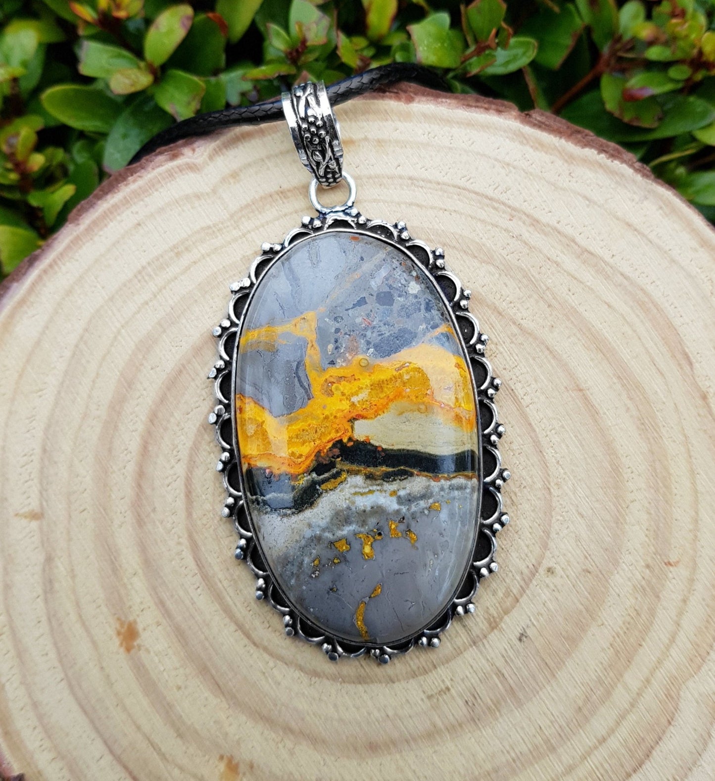 Bumble Bee Jasper Necklace Statement Pendant Sterling Silver Gemstone Necklace Unique Gift One Of A Kind Jewlery - LunarGem - Necklaces