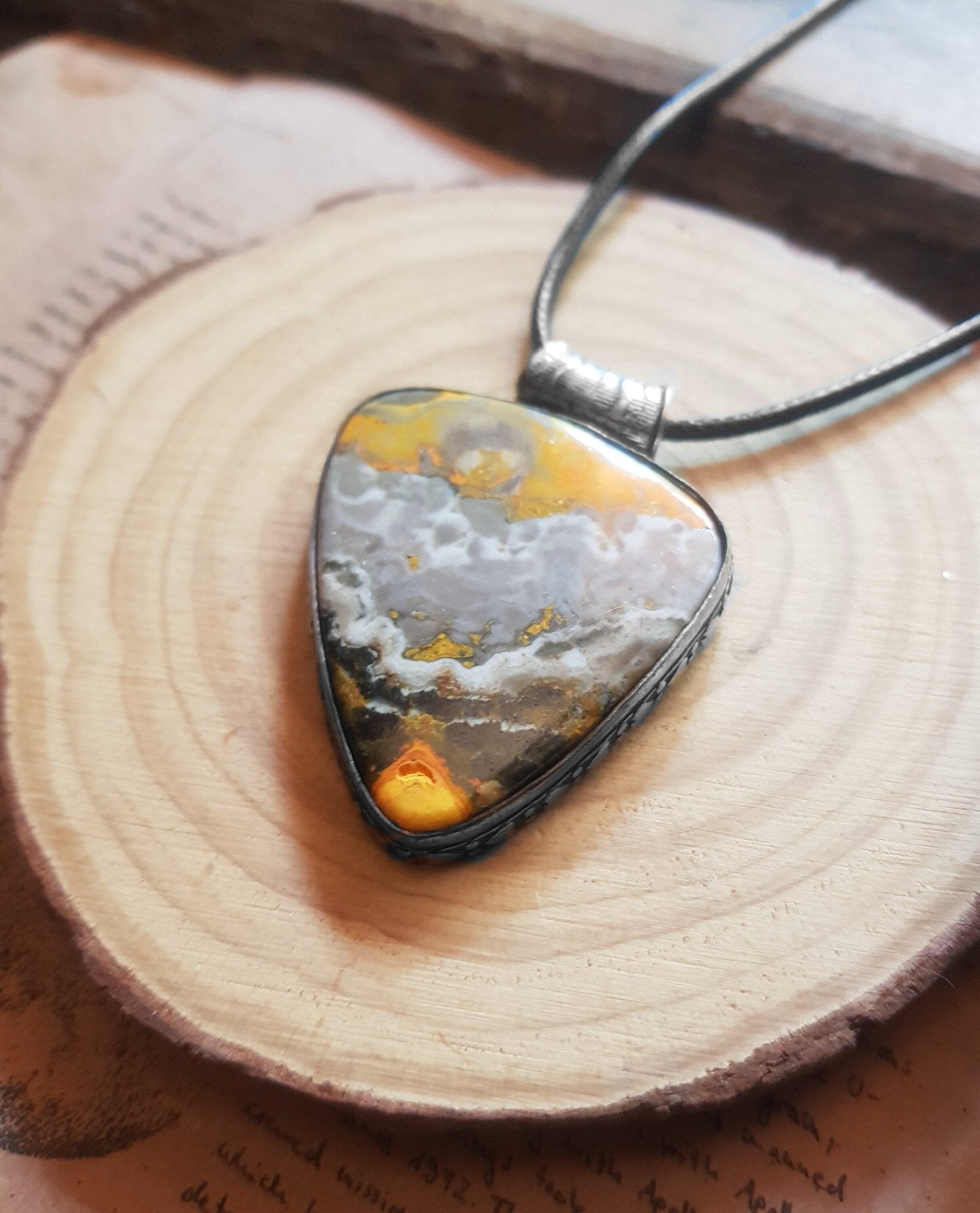 Bumble Bee Jasper Pendant Big Statement Necklace Sterling Silver Gemstone Pendant Boho Necklace One Of A Kind Gift - LunarGem - 