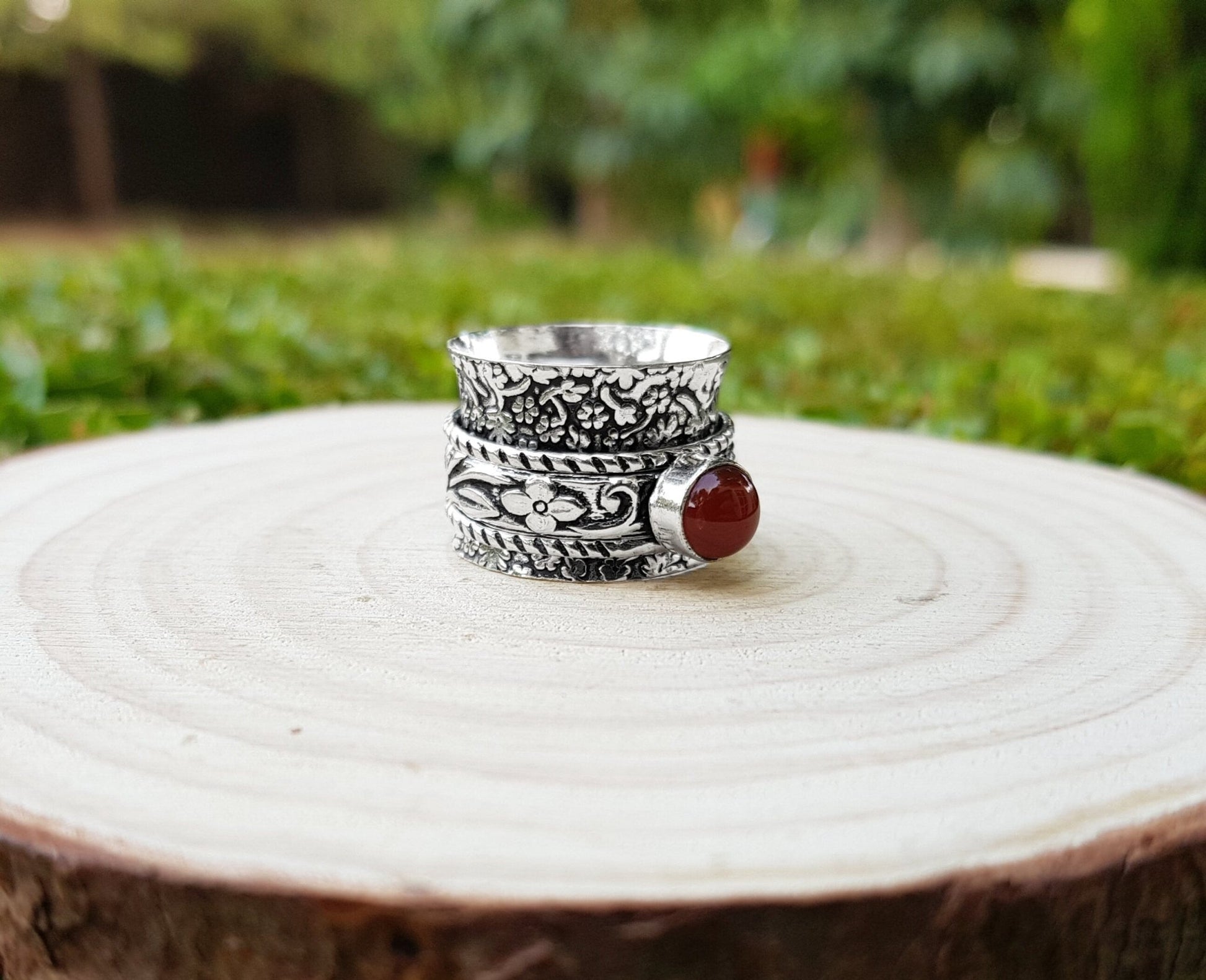 Carnelian Sterling Silver Spinner Ring Size US 7 1/4 Unisex Ring Boho Ring Gypsy Jewellery Statement Ring Unique Gift - LunarGem - Rings