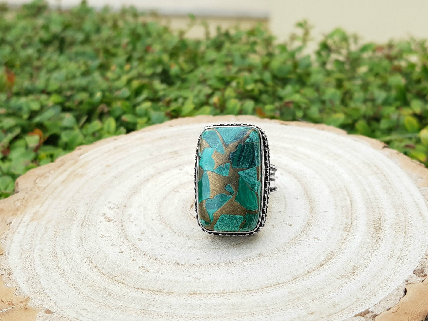 Copper Malachite Gemstone Ring Size US 7 1/4 Boho Statement Ring Gypsy Jewelry Green Gem Ring Unique Gift - LunarGem - Rings
