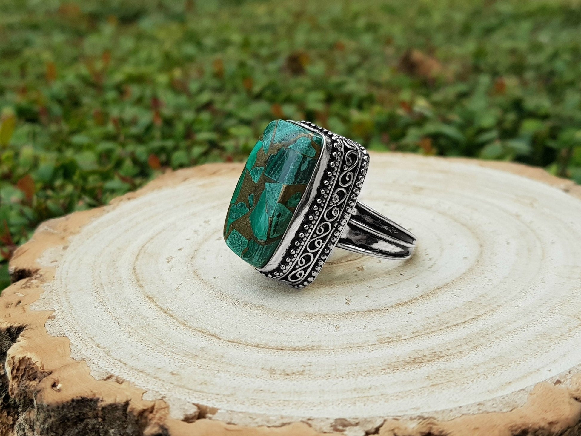 Copper Malachite Gemstone Ring Size US 7 1/4 Boho Statement Ring Gypsy Jewelry Green Gem Ring Unique Gift - LunarGem - Rings