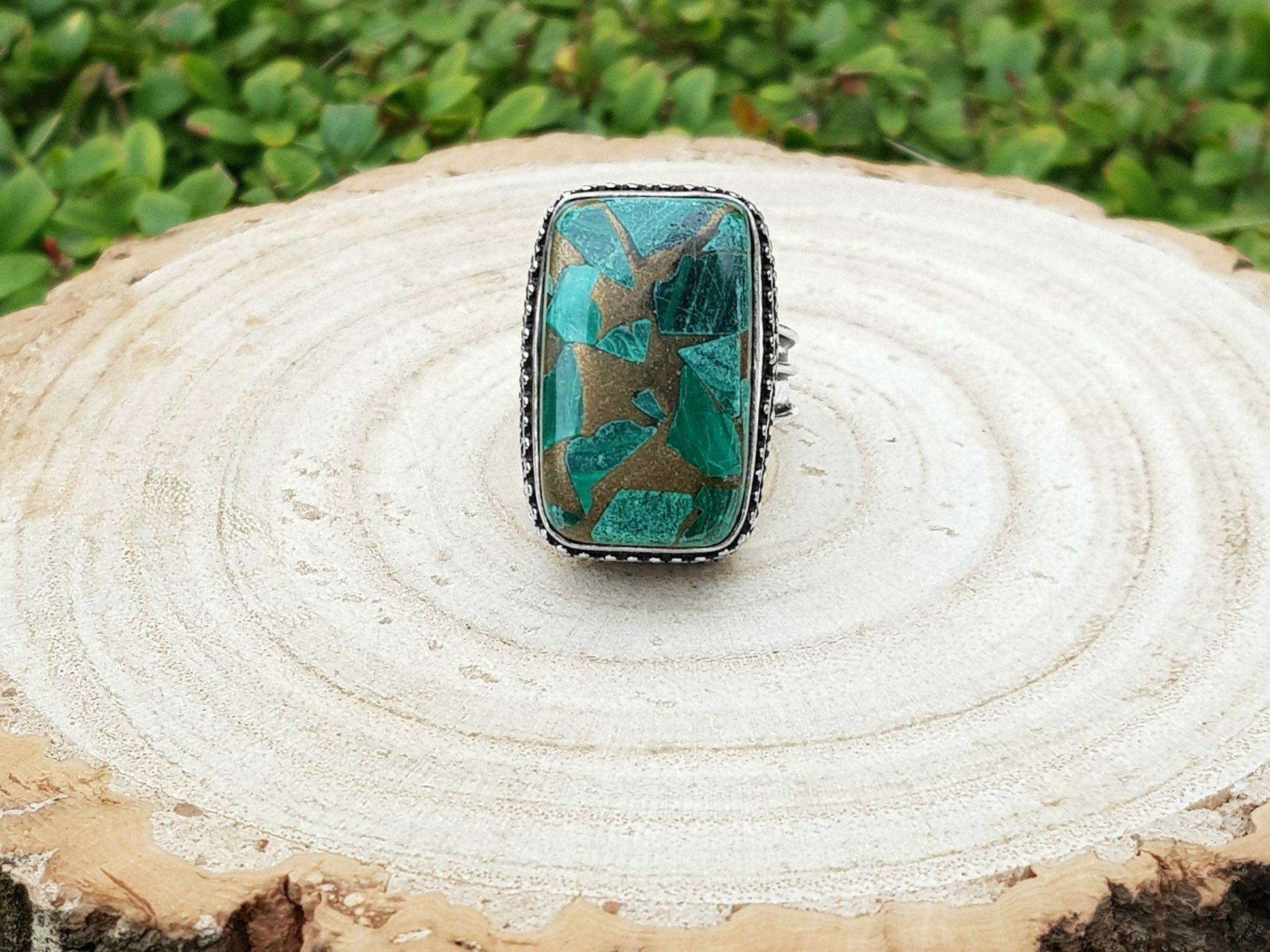 Copper Malachite Gemstone Ring Size US 7 1/4 Boho Statement Ring Gypsy Jewelry Green Gem Ring Unique Gift - LunarGem - Rings