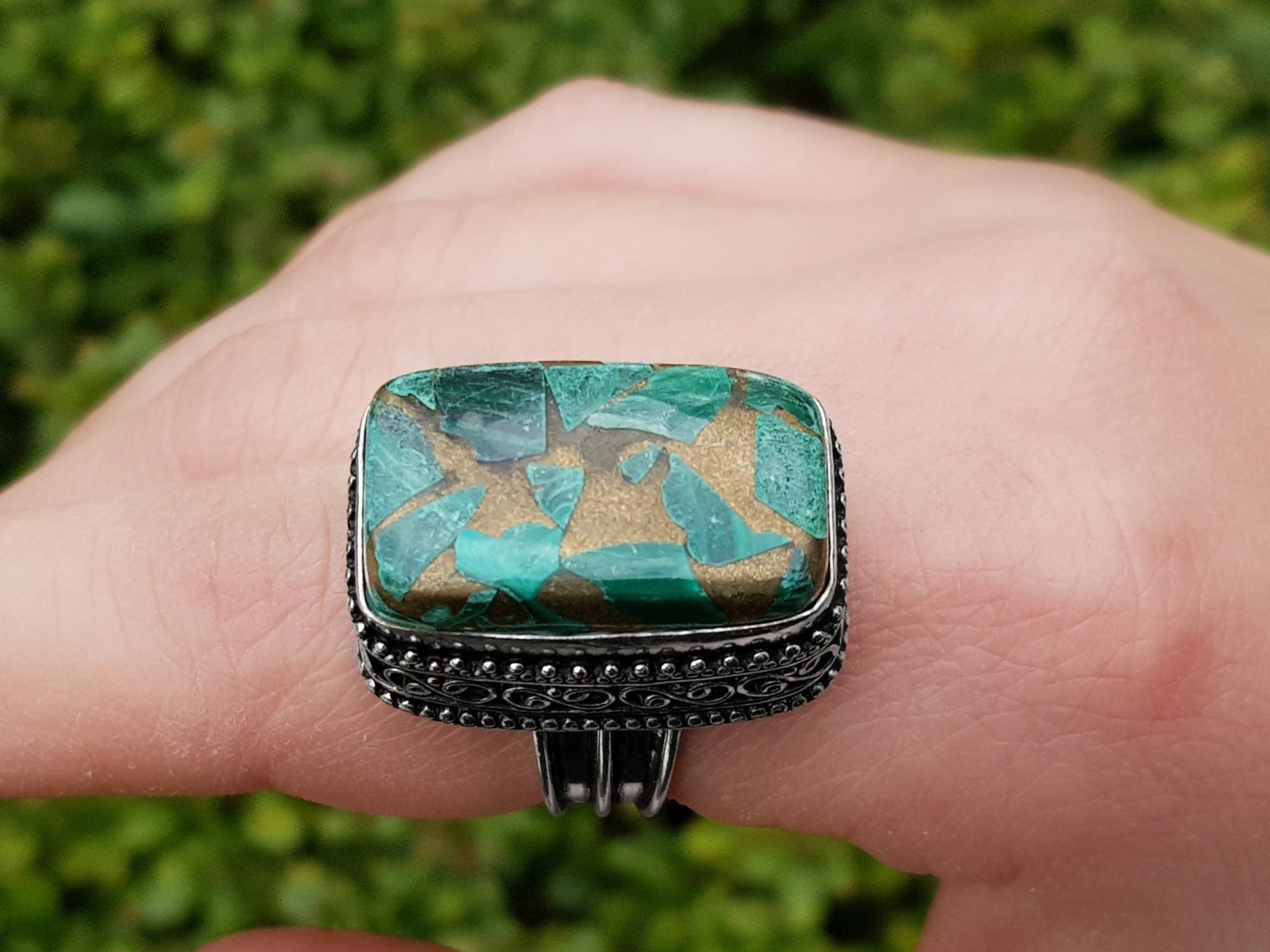Copper Malachite Gemstone Ring Size US 7 1/4 Boho Statement Ring Gypsy Jewelry Green Gem Ring Unique Gift - LunarGem - Rings