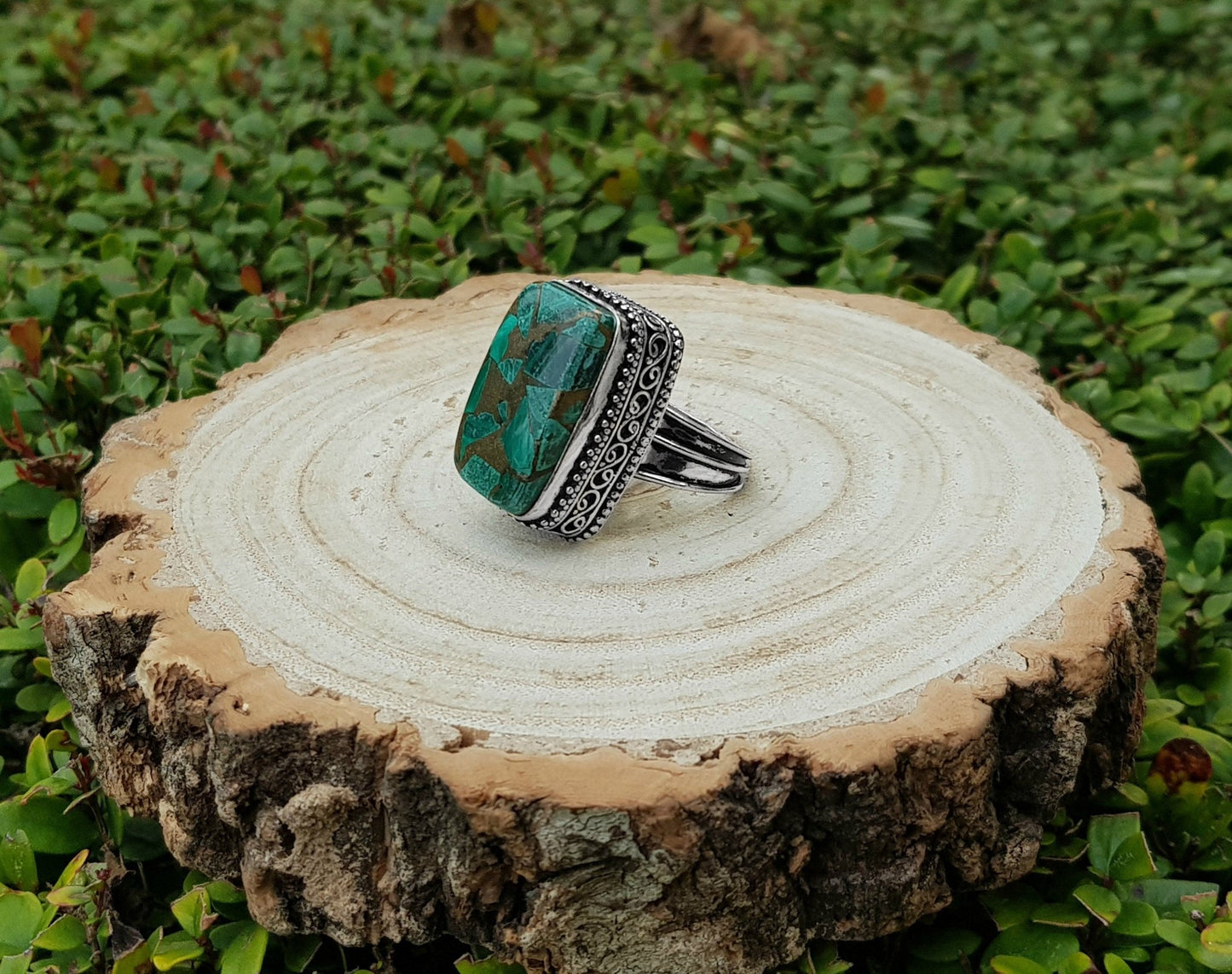 Copper Malachite Gemstone Ring Size US 7 1/4 Boho Statement Ring Gypsy Jewelry Green Gem Ring Unique Gift - LunarGem - Rings