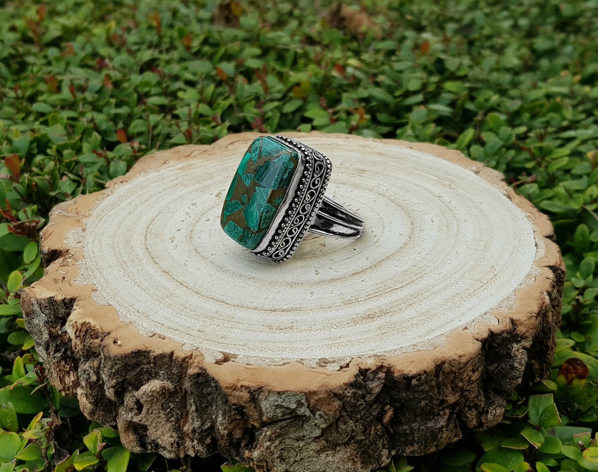 Copper Malachite Gemstone Ring Size US 7 1/4 Boho Statement Ring Gypsy Jewelry Green Gem Ring Unique Gift - LunarGem - Rings