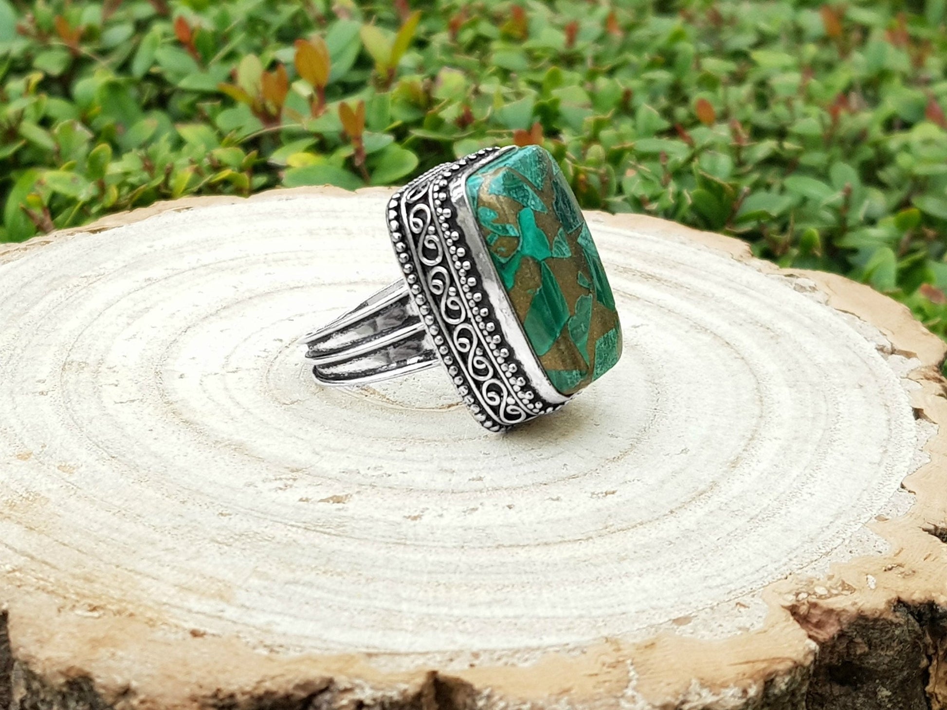 Copper Malachite Gemstone Ring Size US 7 1/4 Boho Statement Ring Gypsy Jewelry Green Gem Ring Unique Gift - LunarGem - Rings