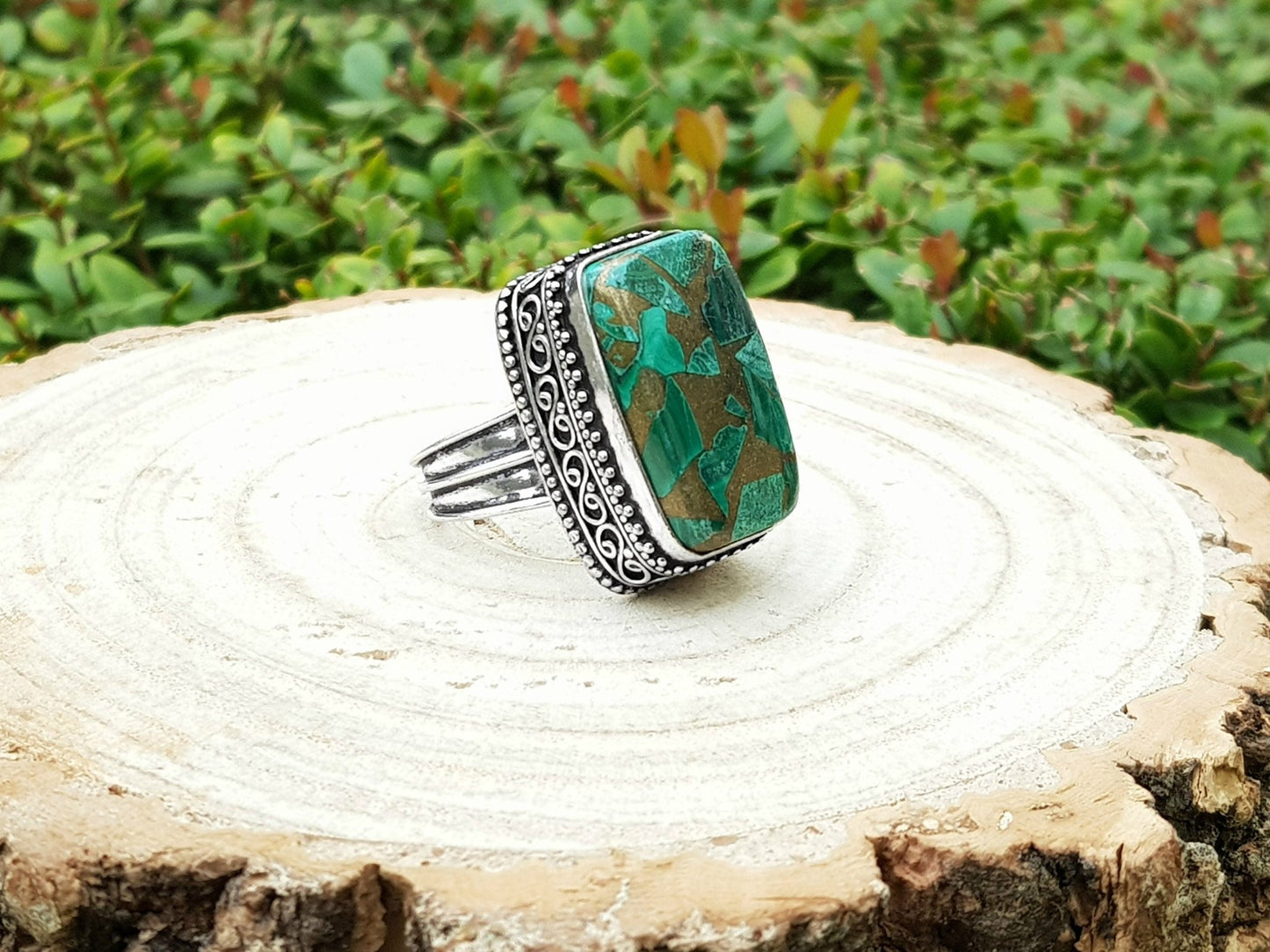 Copper Malachite Gemstone Ring Size US 7 1/4 Boho Statement Ring Gypsy Jewelry Green Gem Ring Unique Gift - LunarGem - Rings